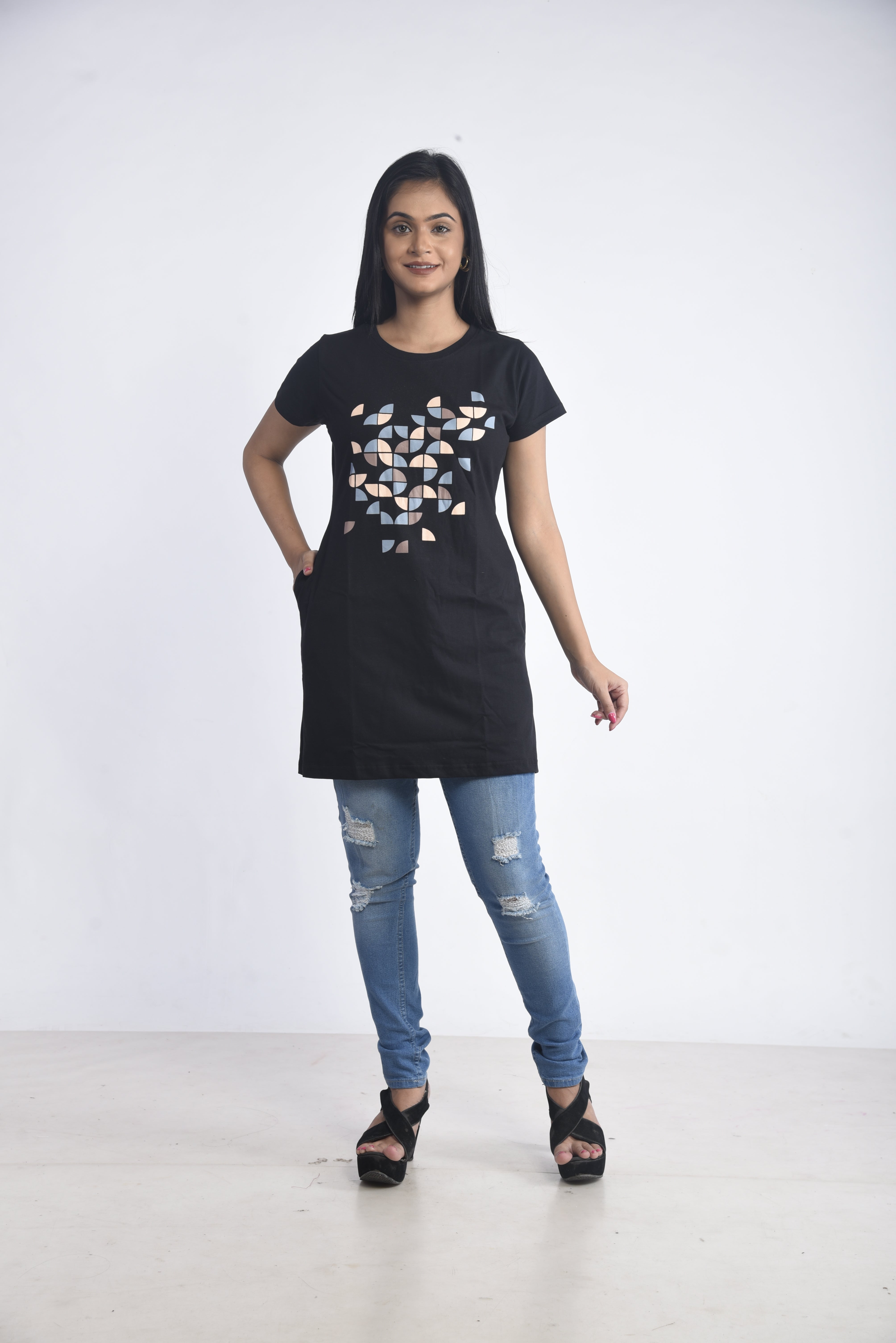 Black Printed Cotton Long T-Shirt