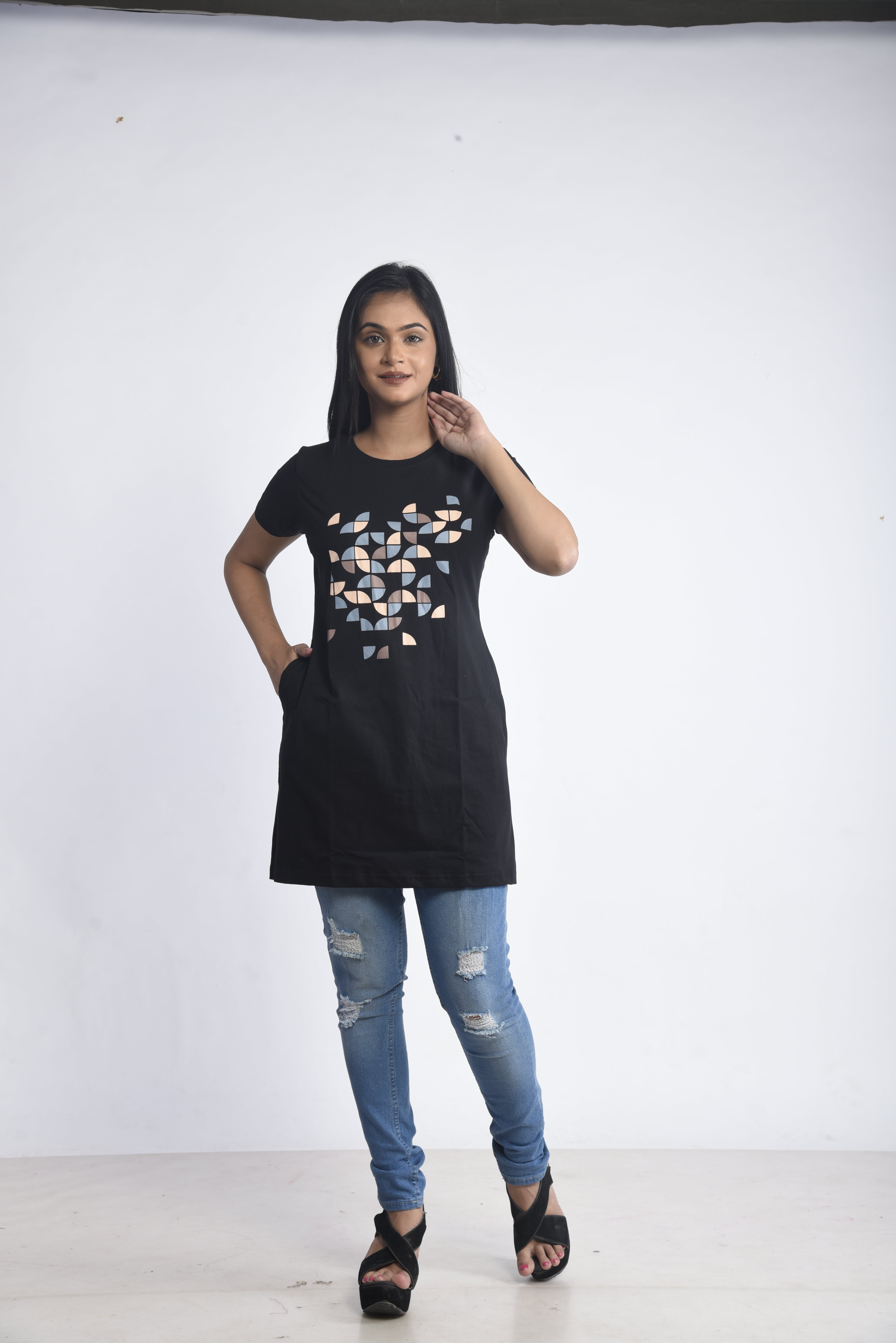 Black Printed Cotton Long T-Shirt