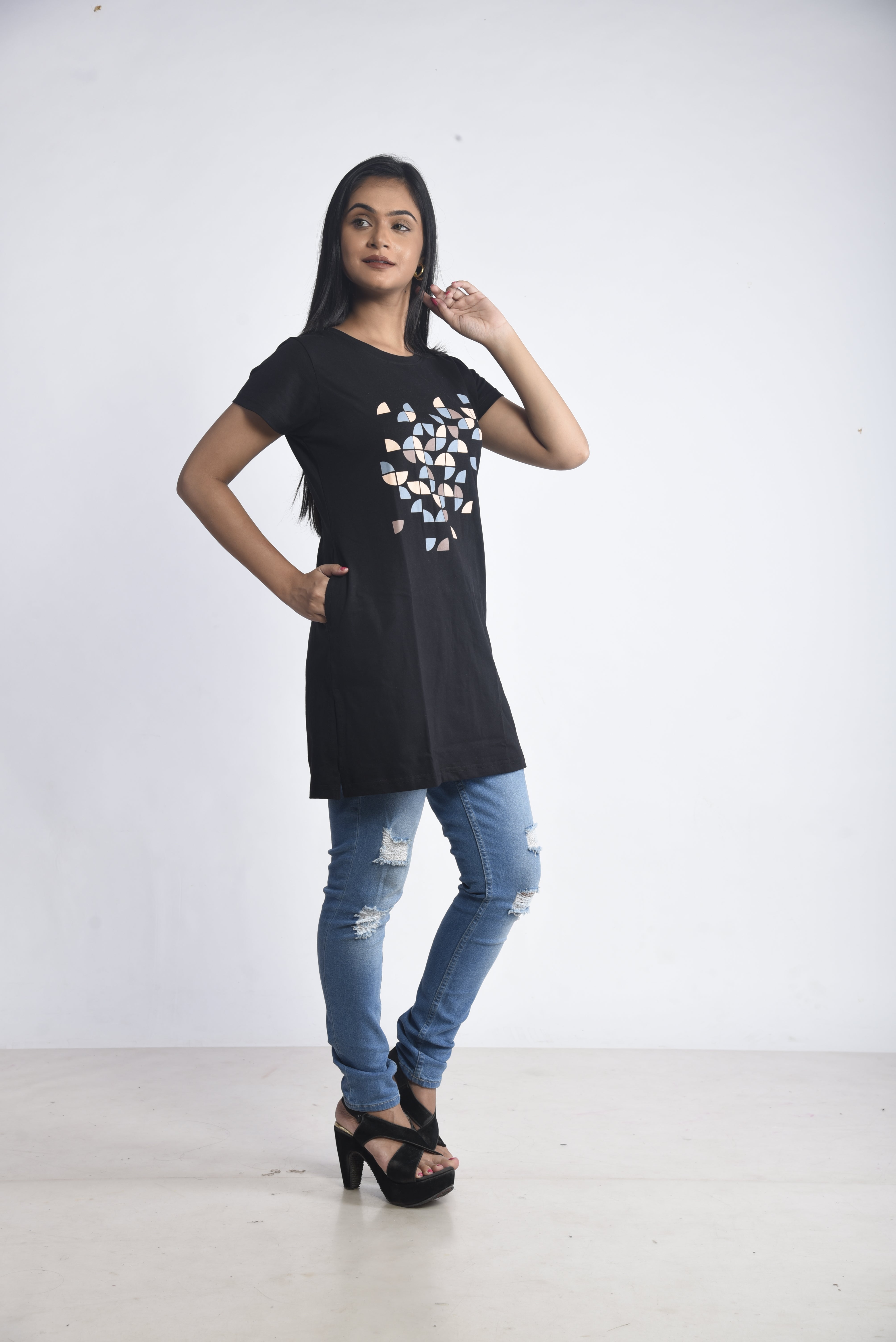 Black Printed Cotton Long T-Shirt