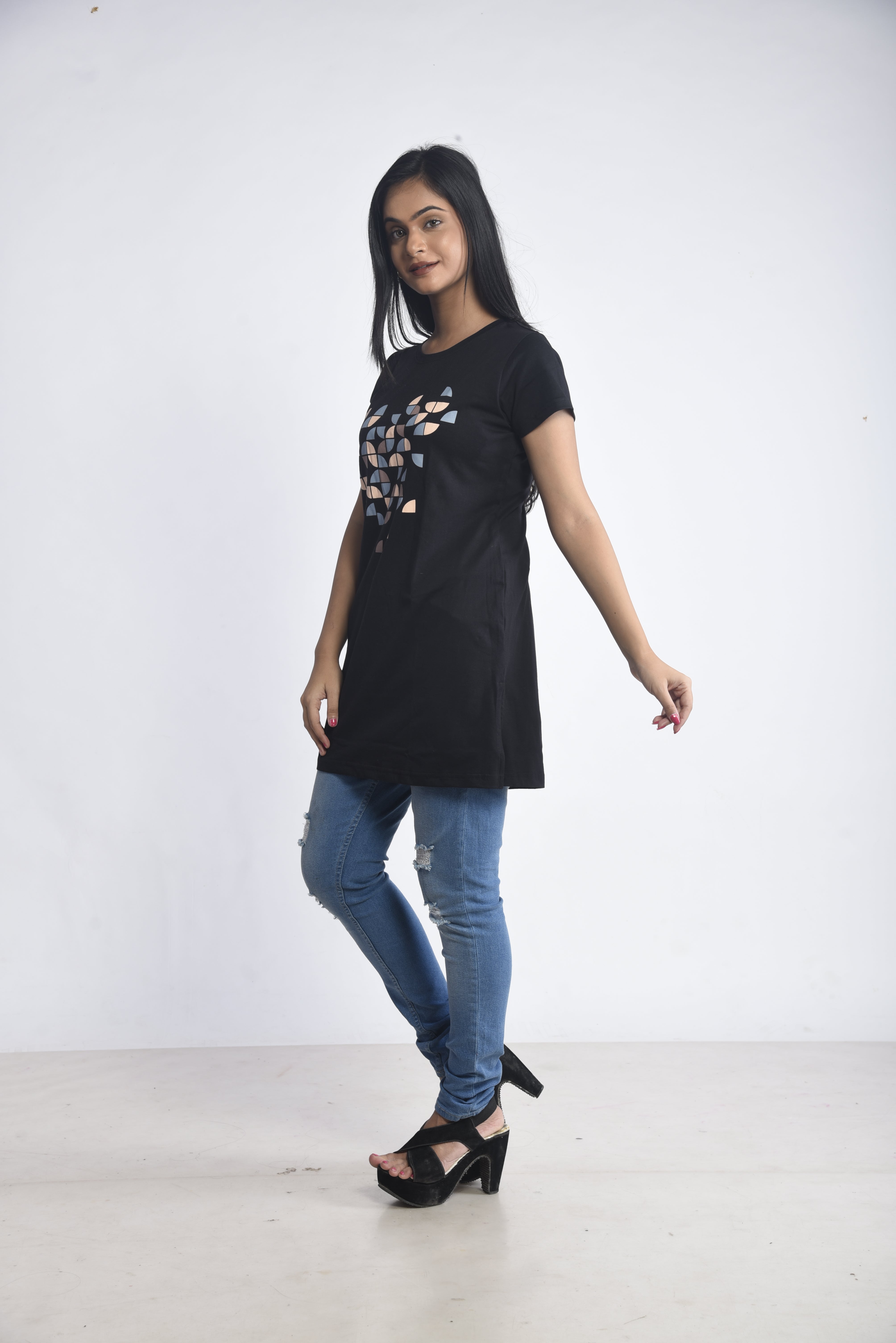 Black Printed Cotton Long T-Shirt