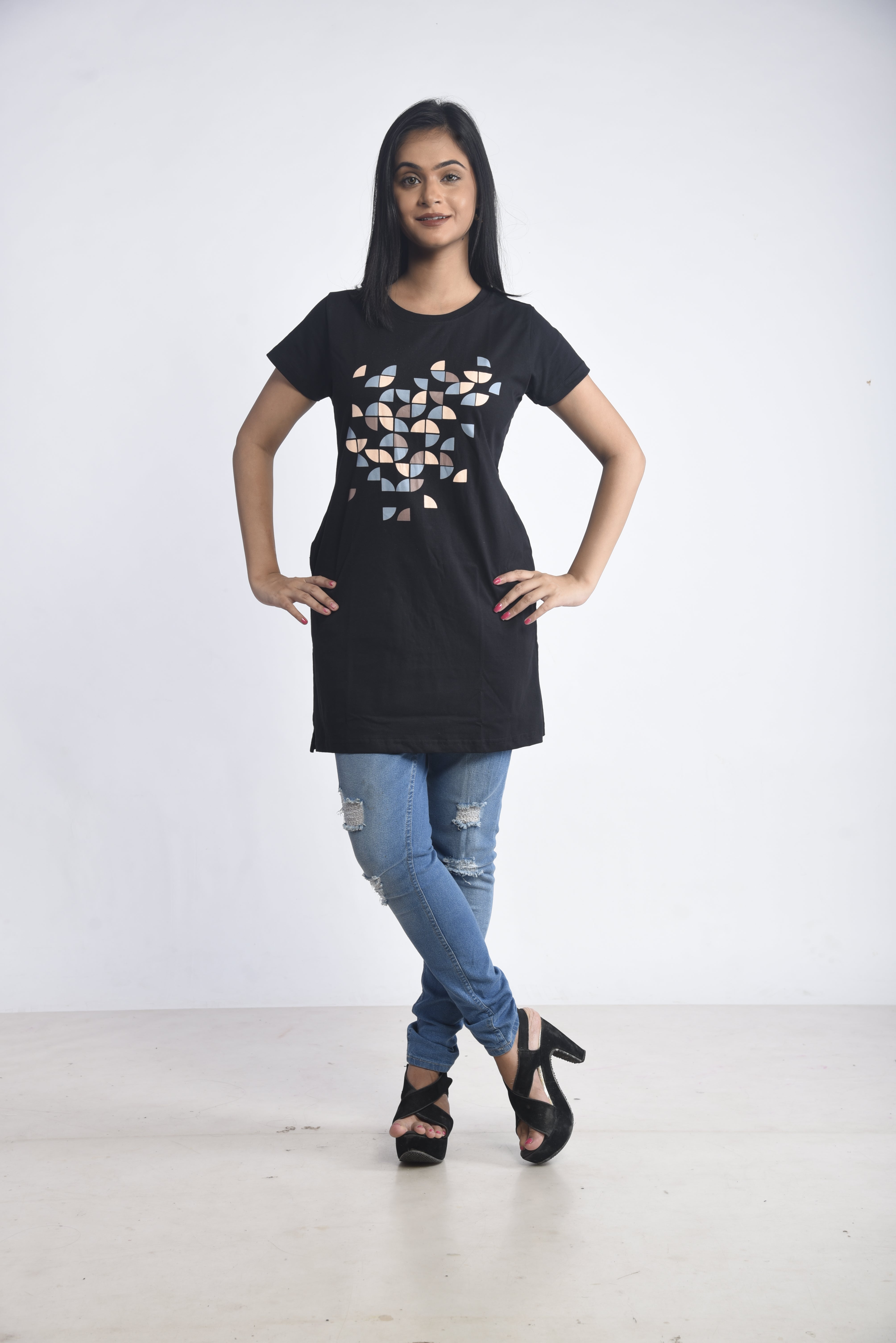 Black Printed Cotton Long T-Shirt