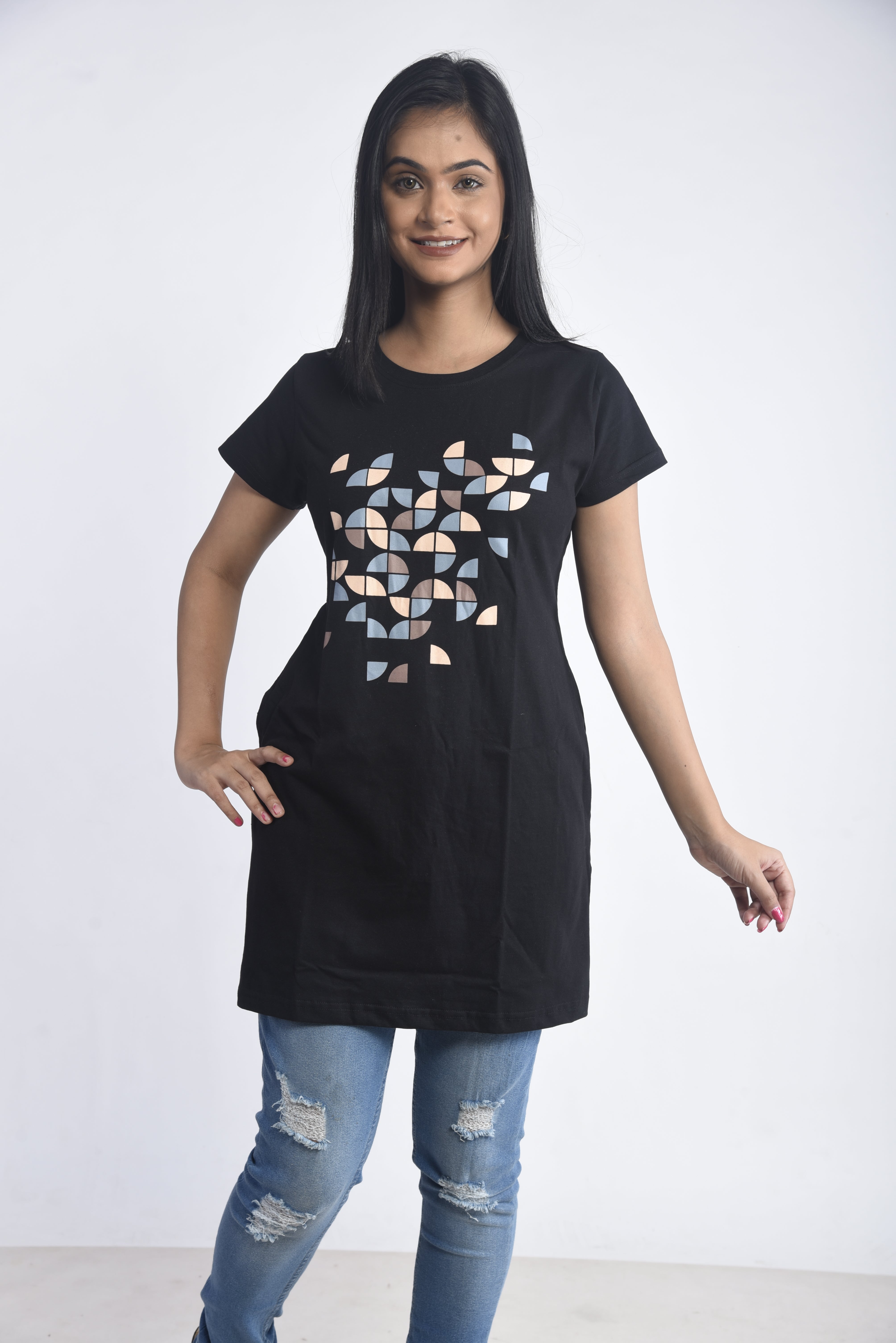 Black Printed Cotton Long T-Shirt
