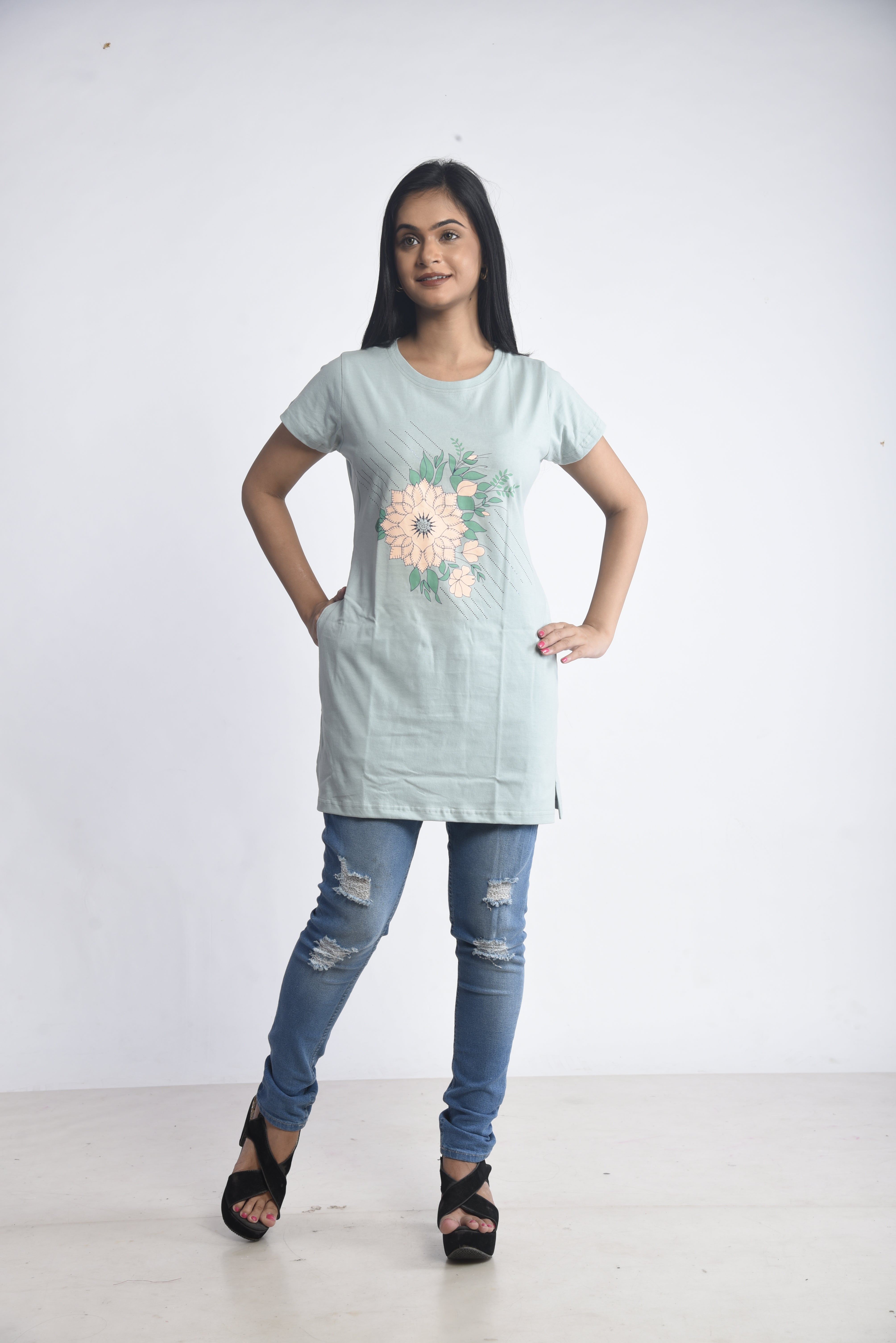 Light Green Printed Cotton Long T-Shirt
