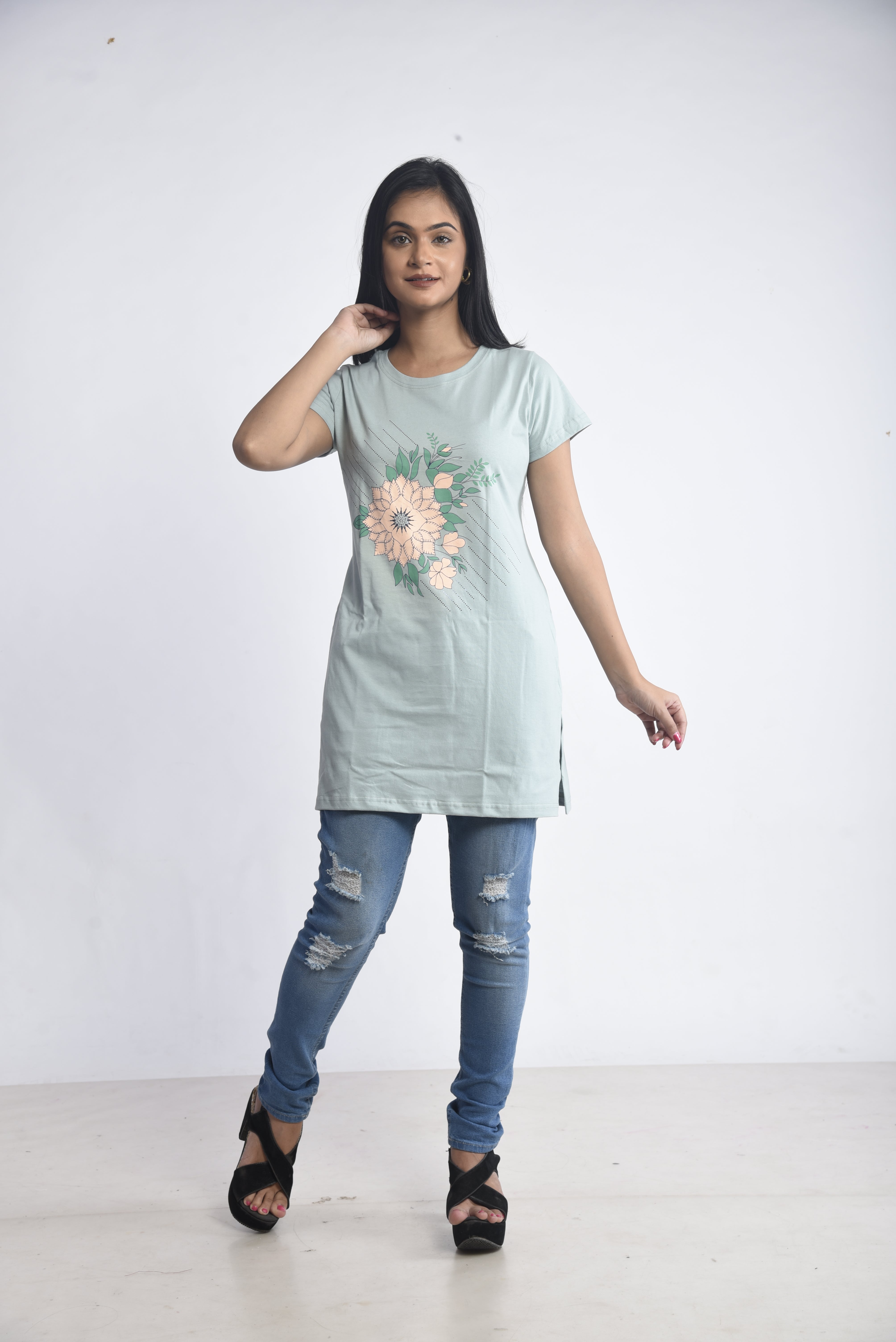 Light Green Printed Cotton Long T-Shirt