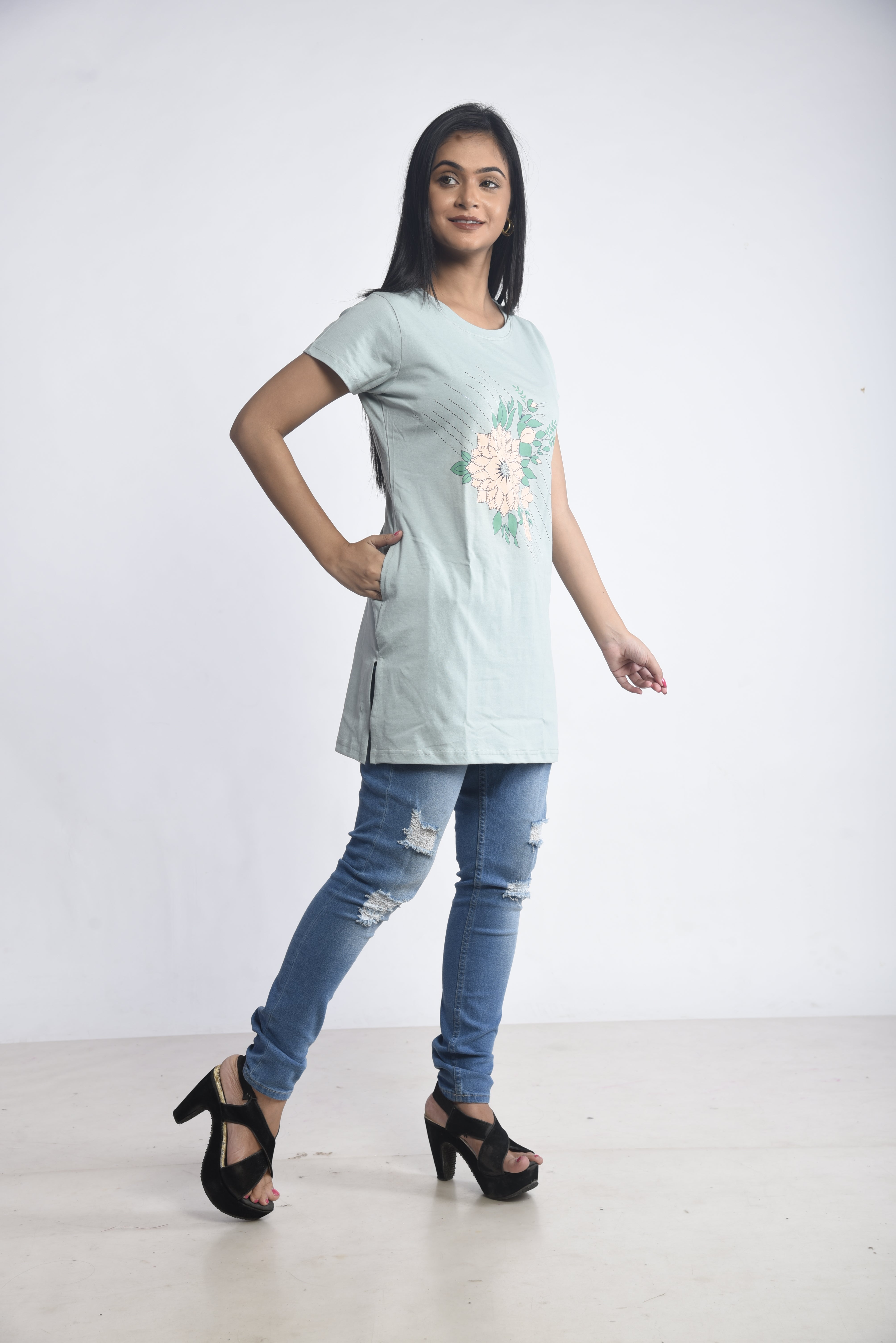 Light Green Printed Cotton Long T-Shirt