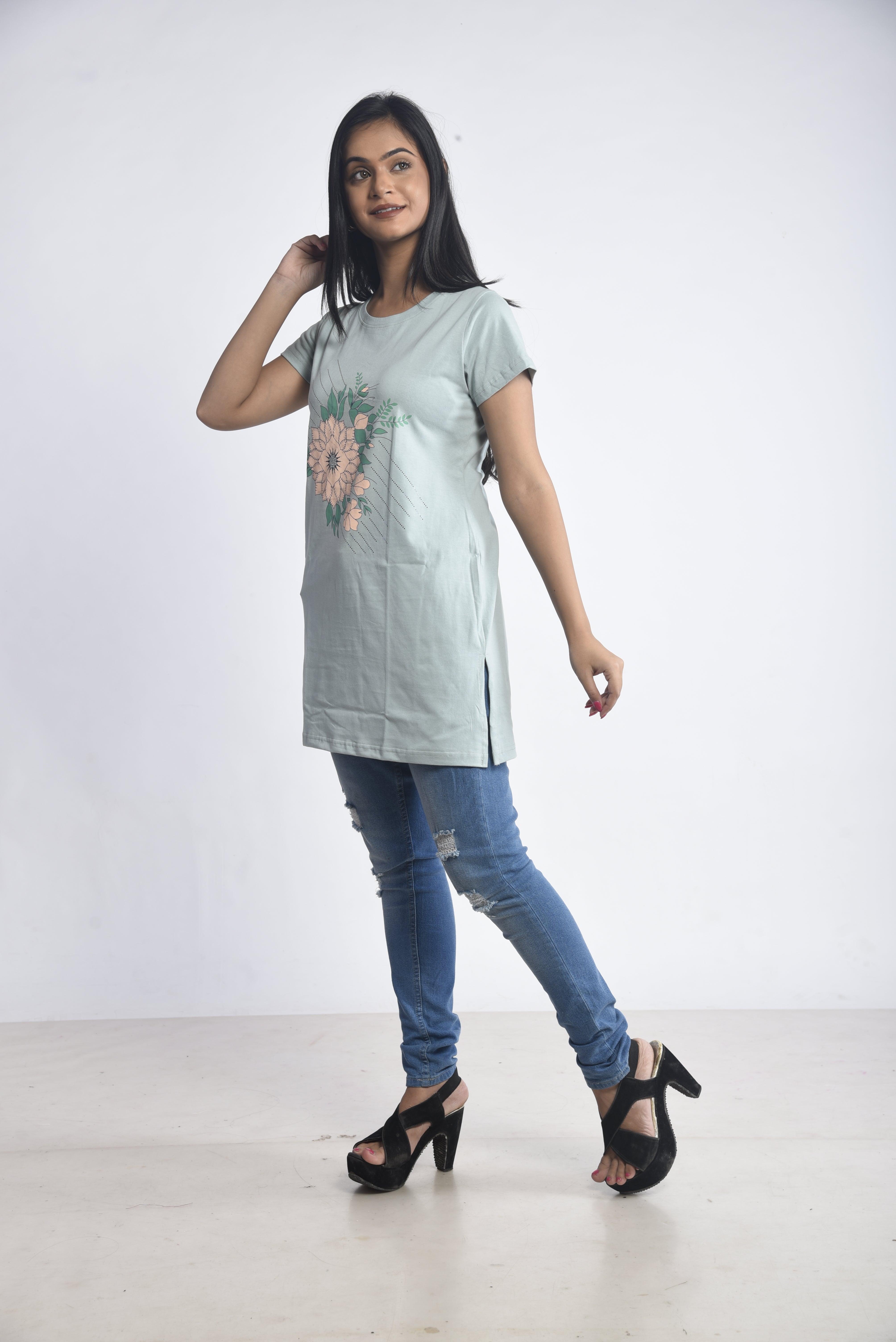Light Green Printed Cotton Long T-Shirt