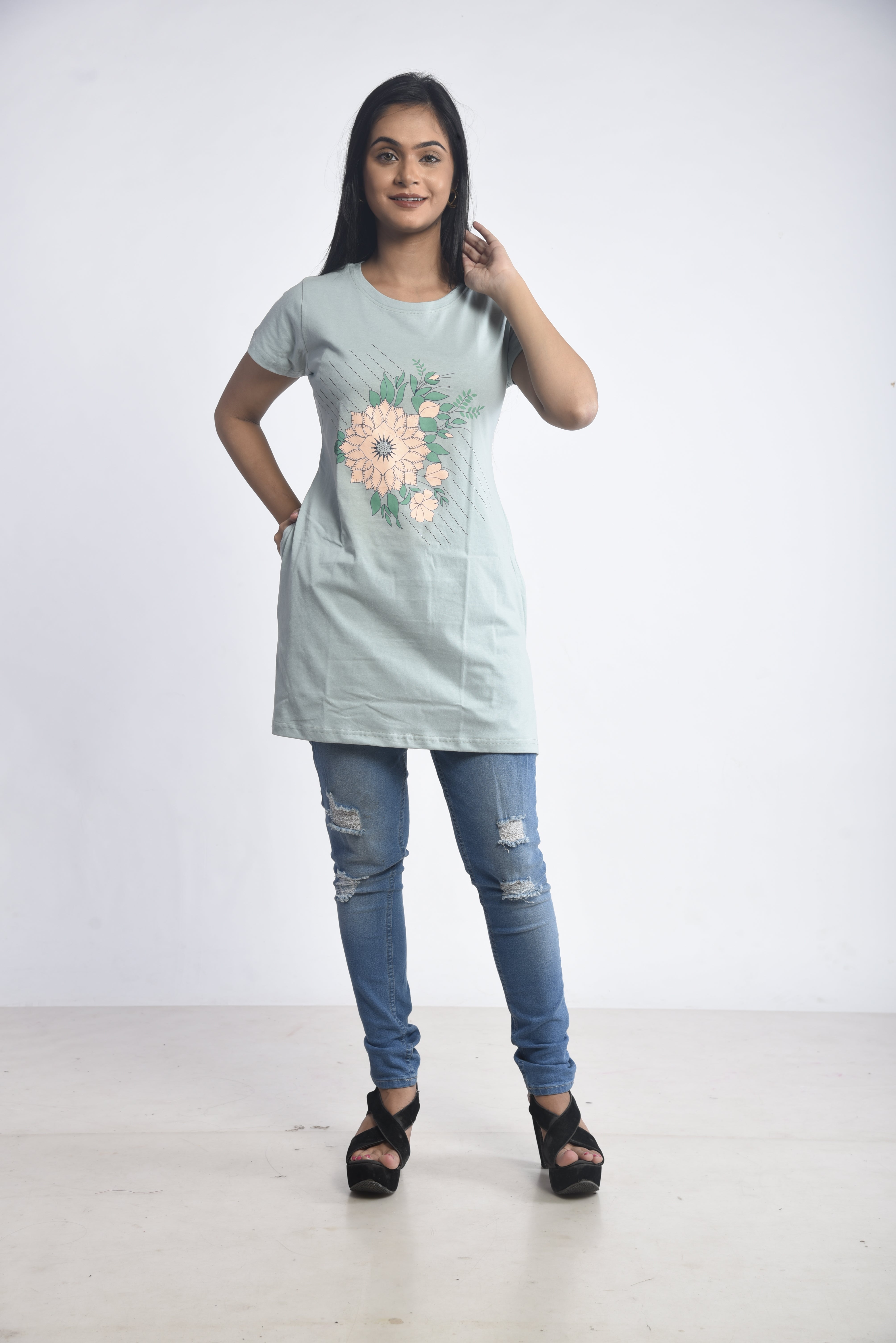 Light Green Printed Cotton Long T-Shirt