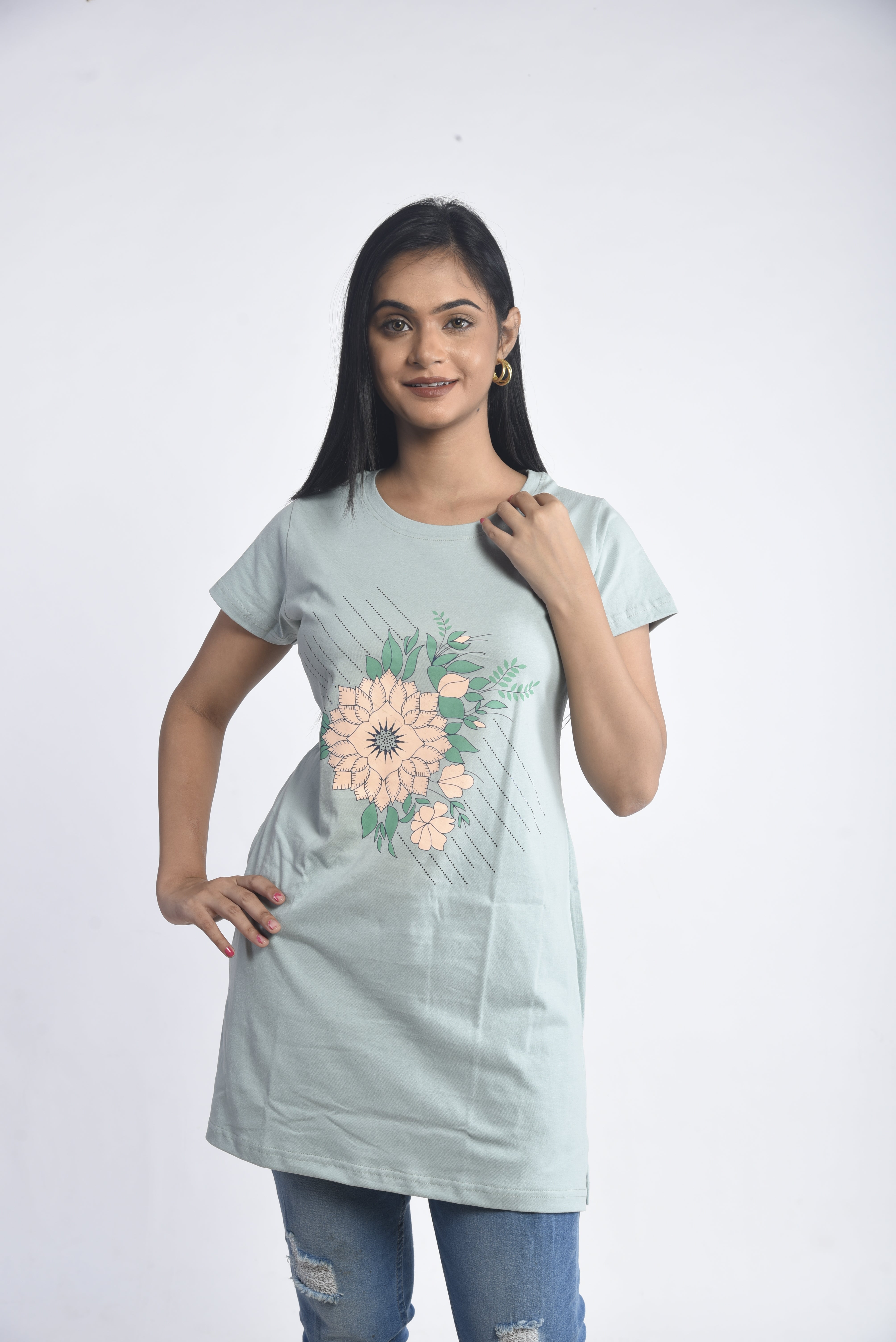 Light Green Printed Cotton Long T-Shirt