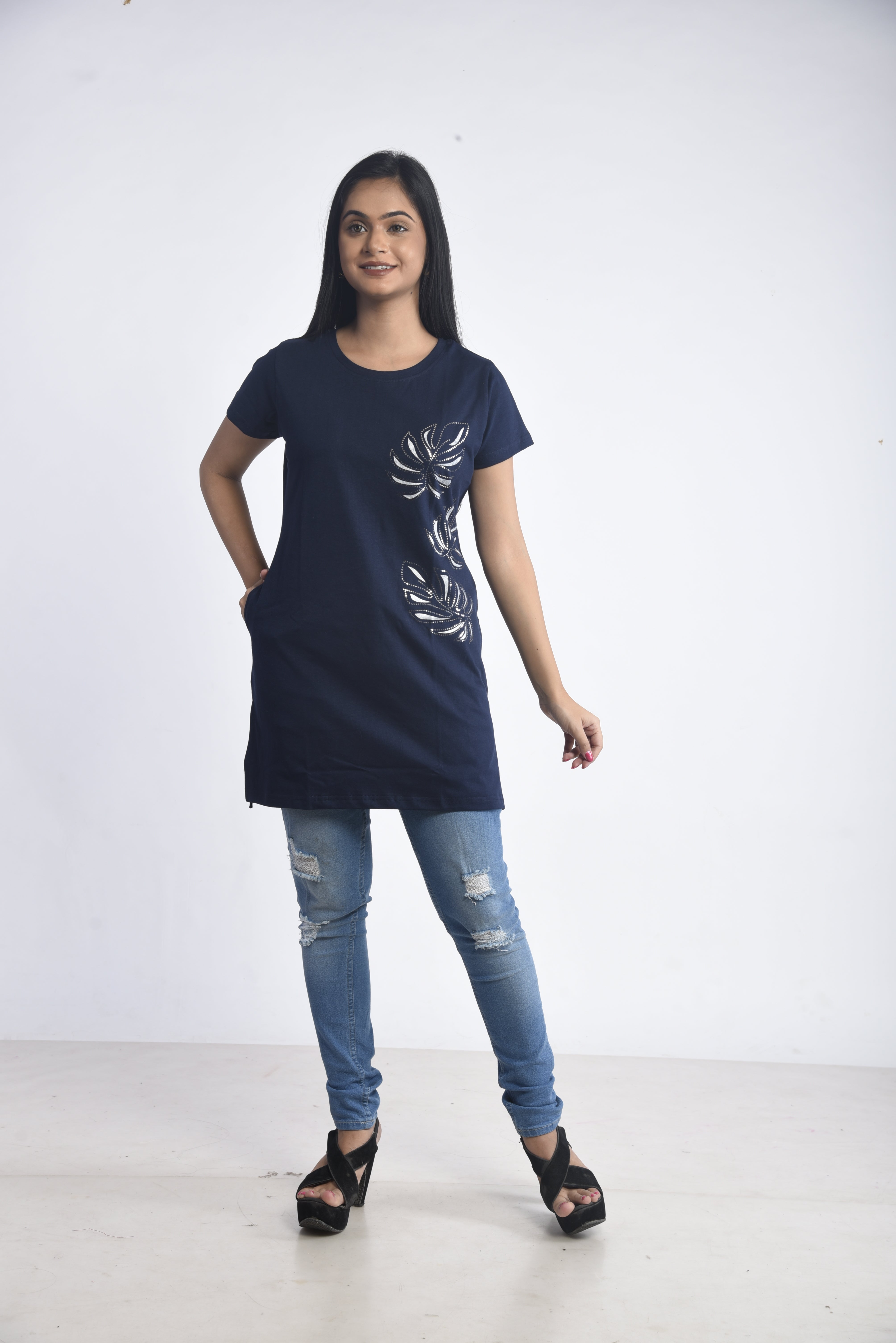 Navy Printed Cotton Long T-Shirt
