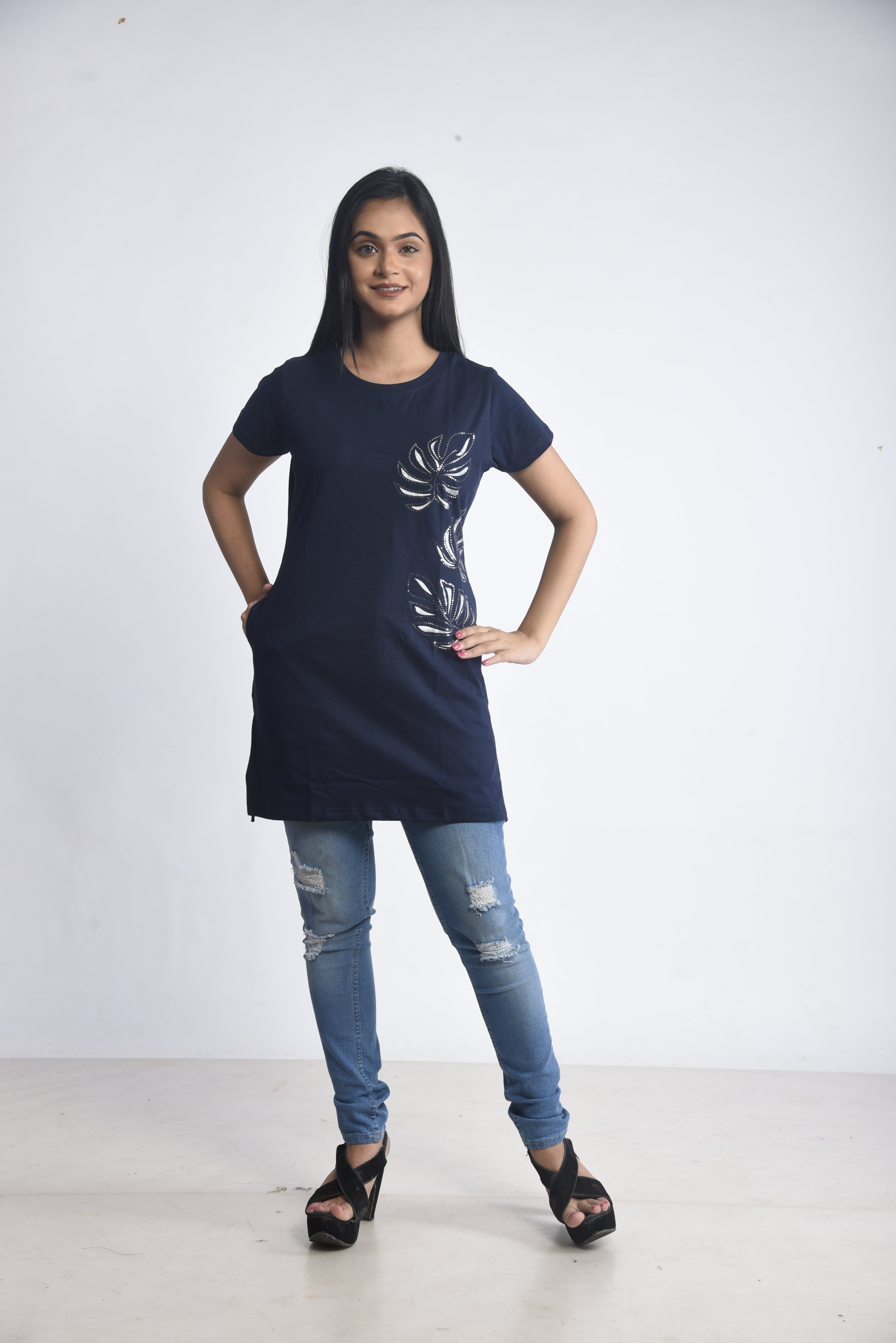 Navy Printed Cotton Long T-Shirt