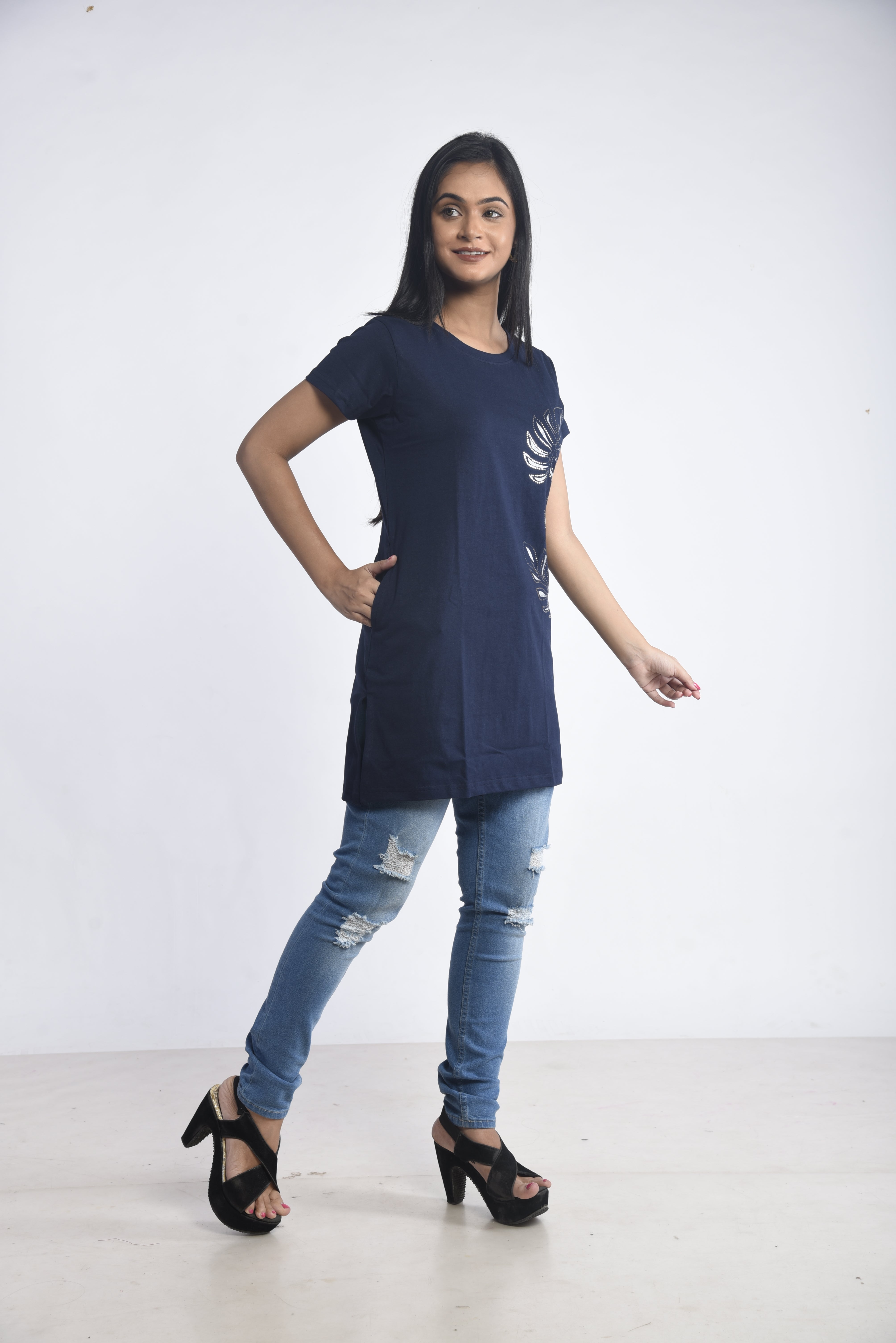 Navy Printed Cotton Long T-Shirt