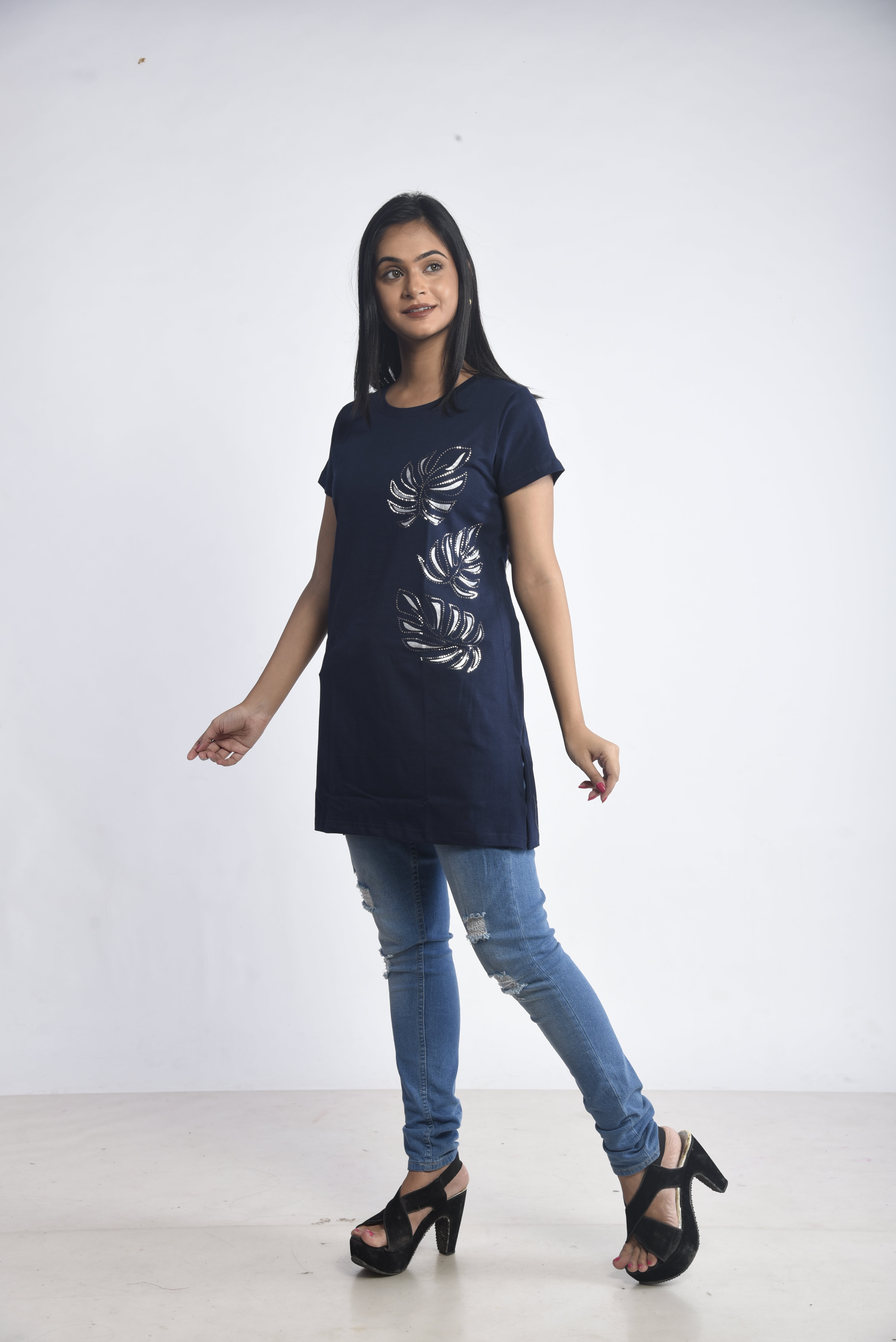 Navy Printed Cotton Long T-Shirt