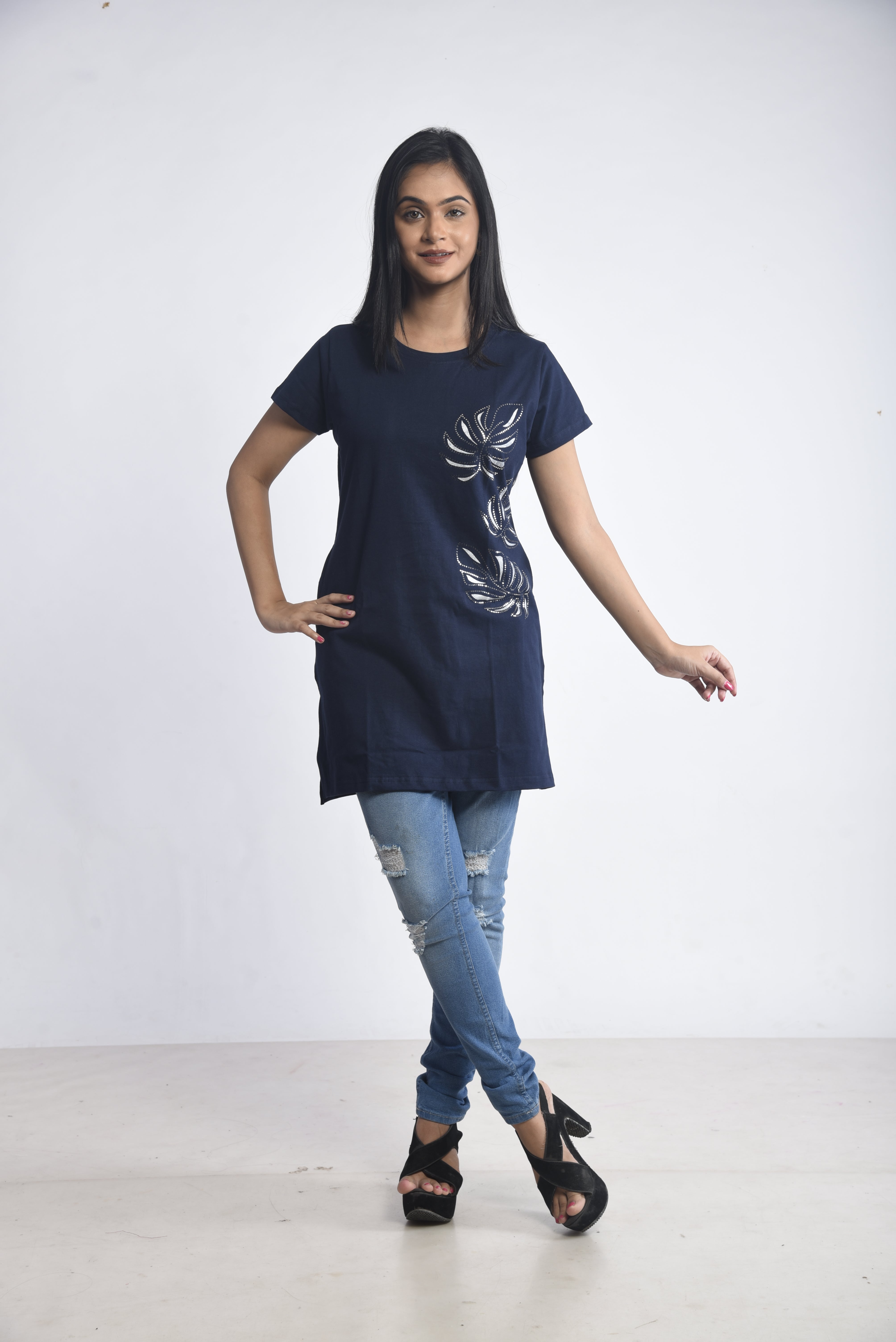 Navy Printed Cotton Long T-Shirt