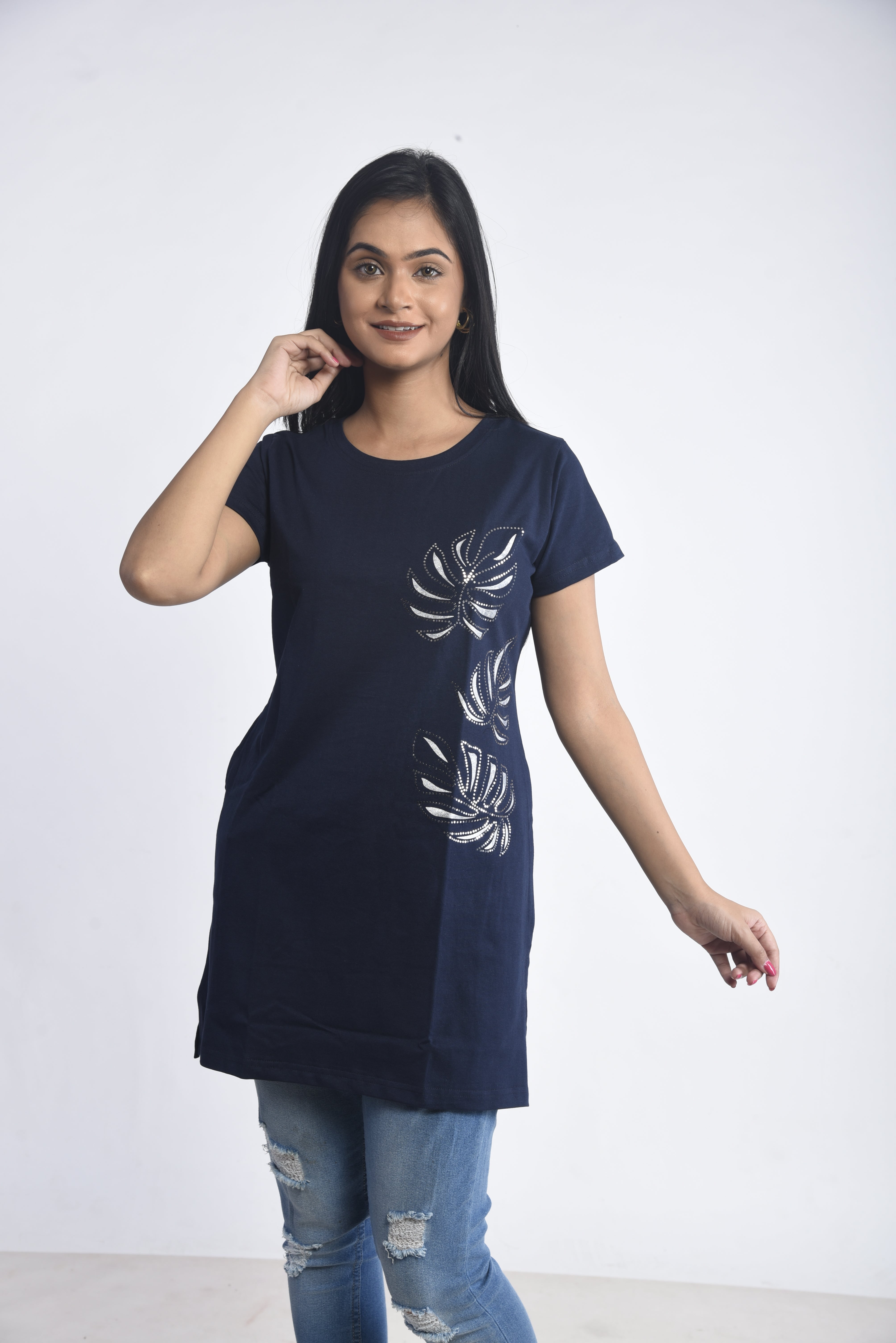 Navy Printed Cotton Long T-Shirt