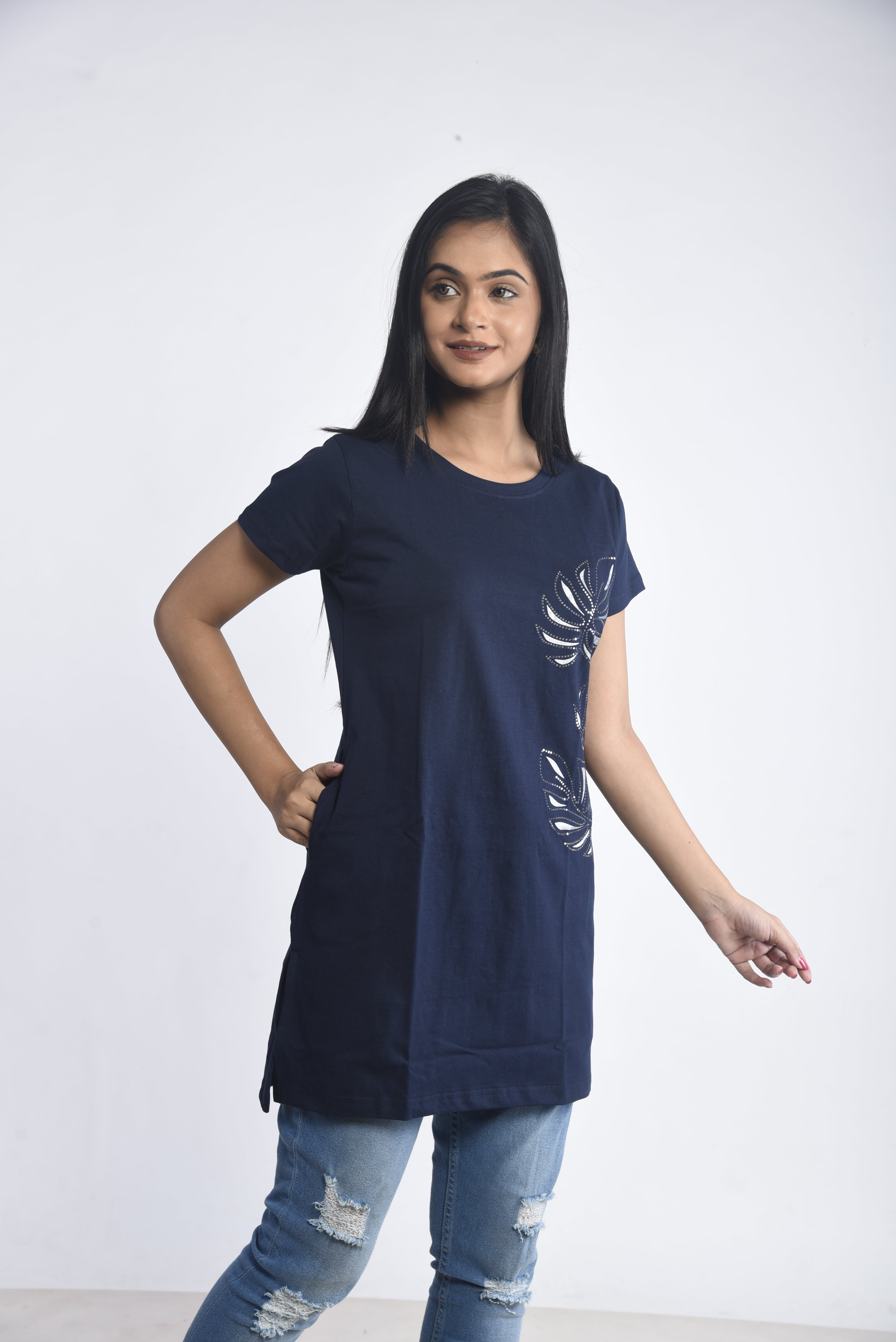 Navy Printed Cotton Long T-Shirt