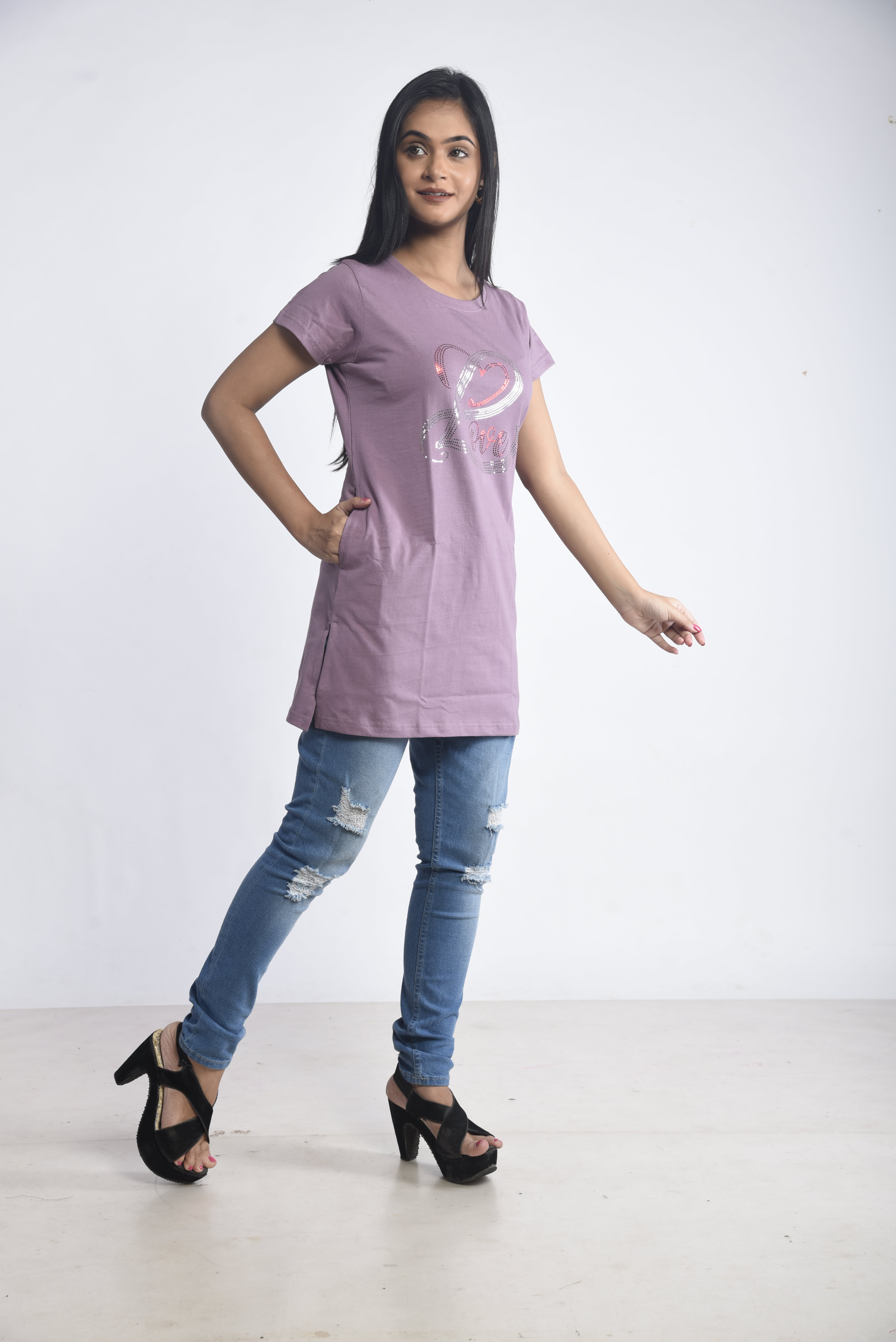 Purple Printed Cotton Long T-Shirt