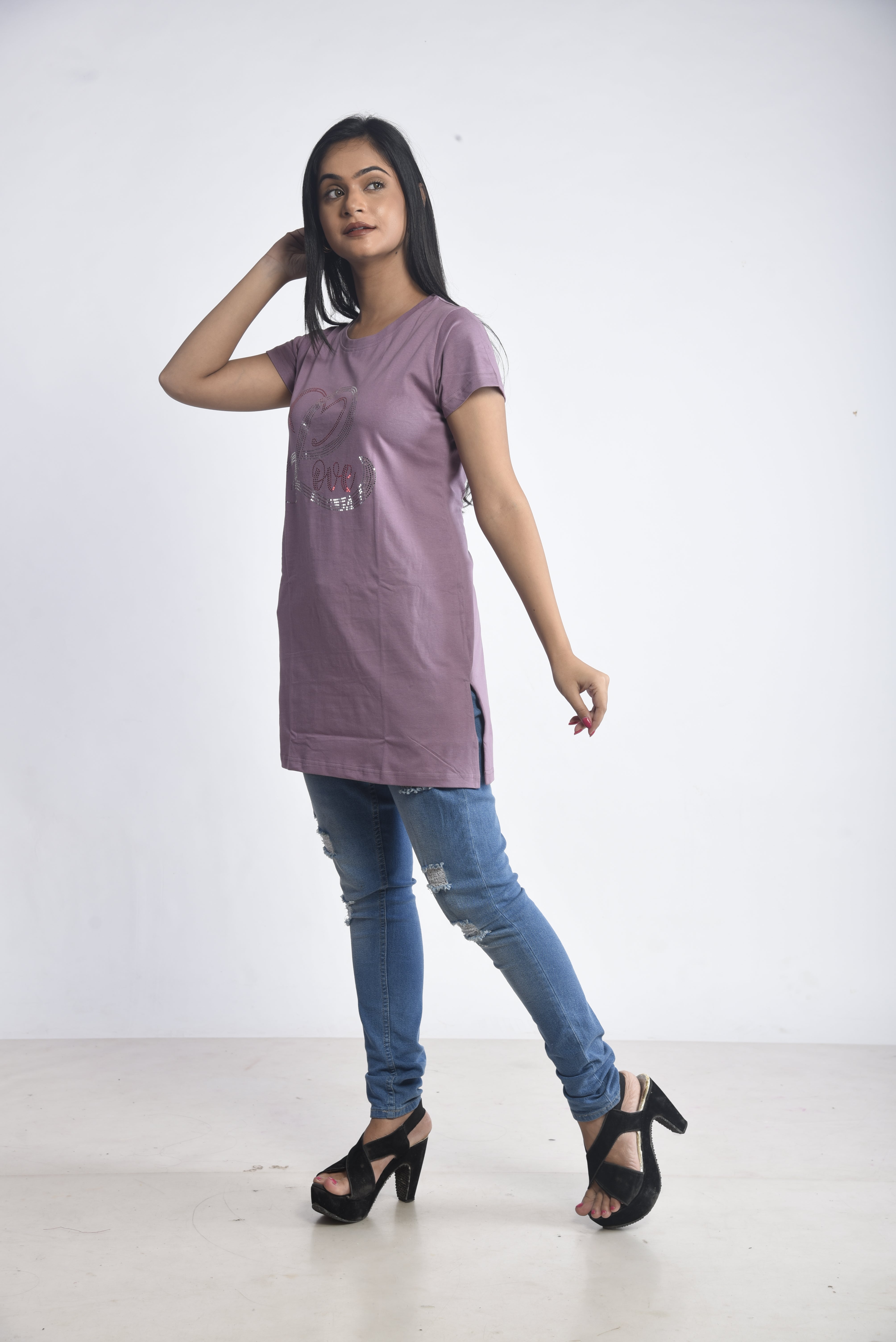 Purple Printed Cotton Long T-Shirt