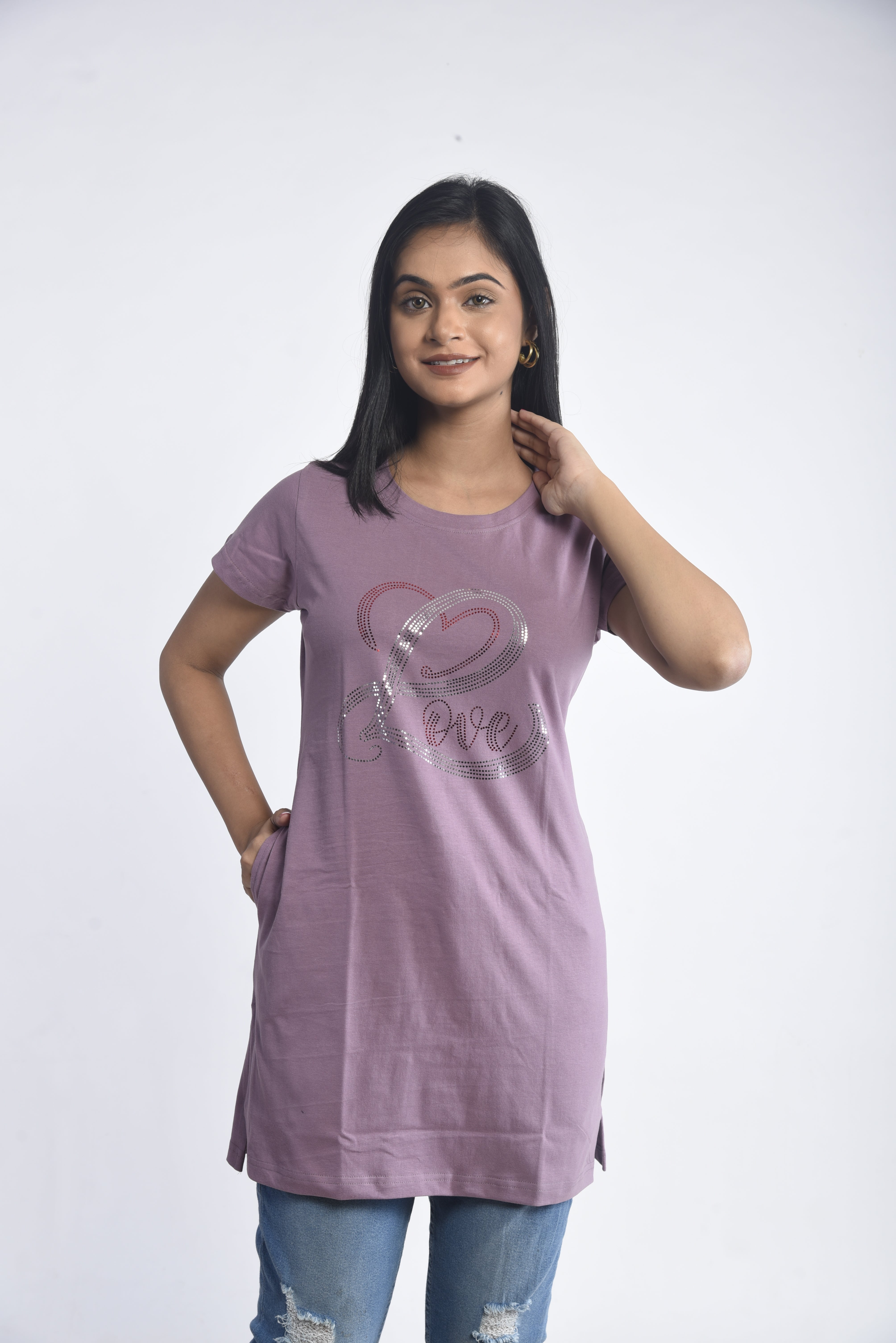 Purple Printed Cotton Long T-Shirt