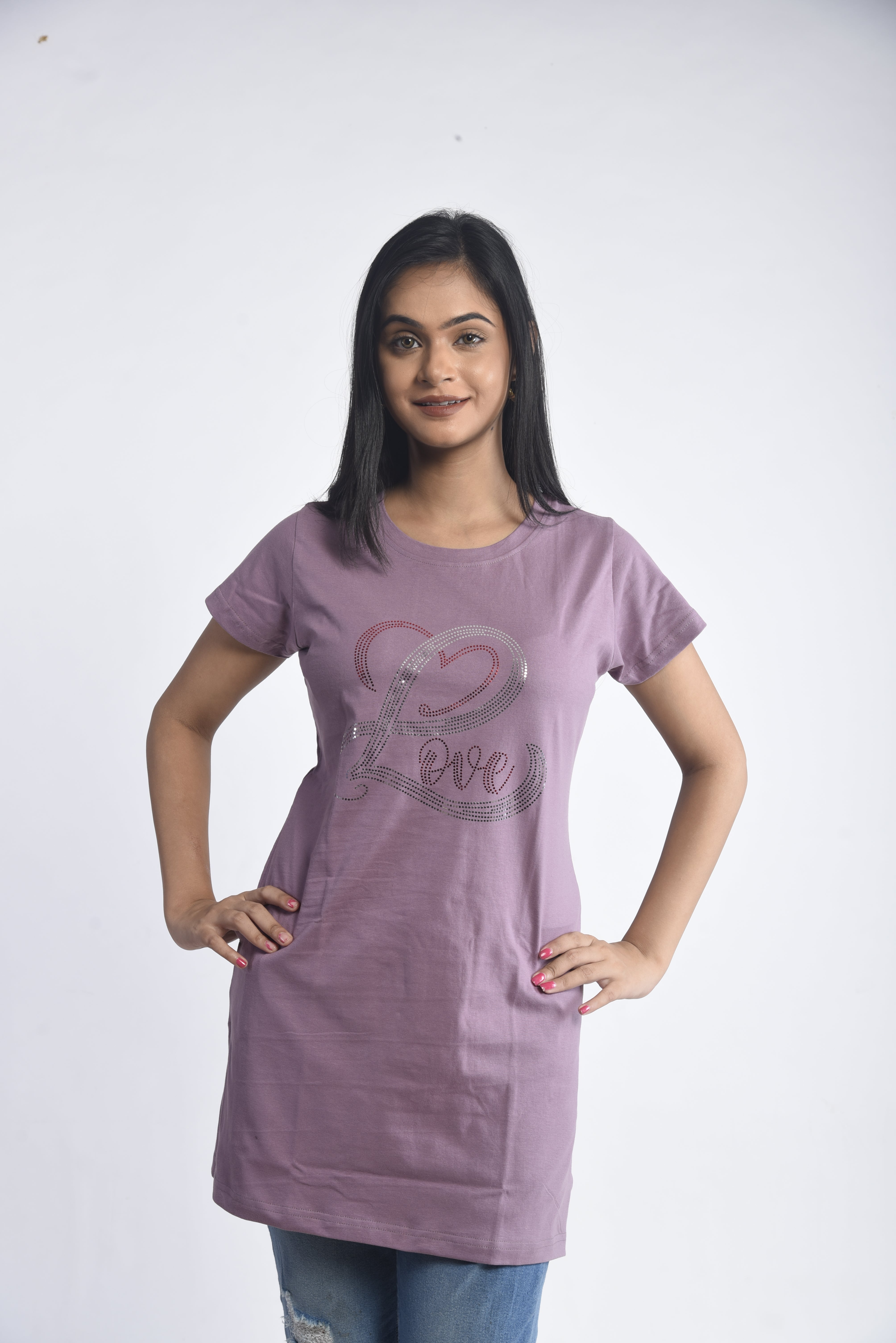 Purple Printed Cotton Long T-Shirt