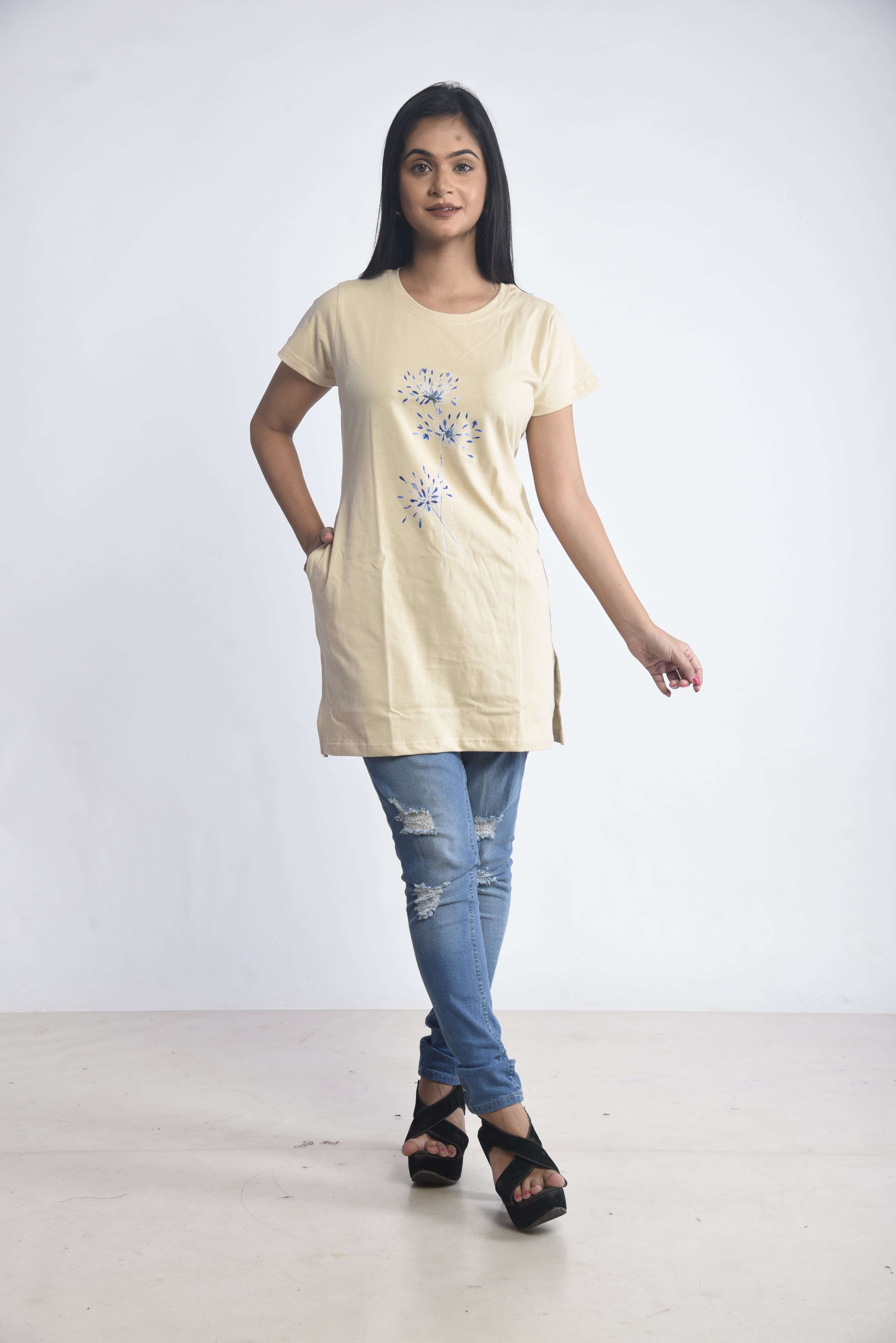 Cream Printed Cotton Long T-Shirt
