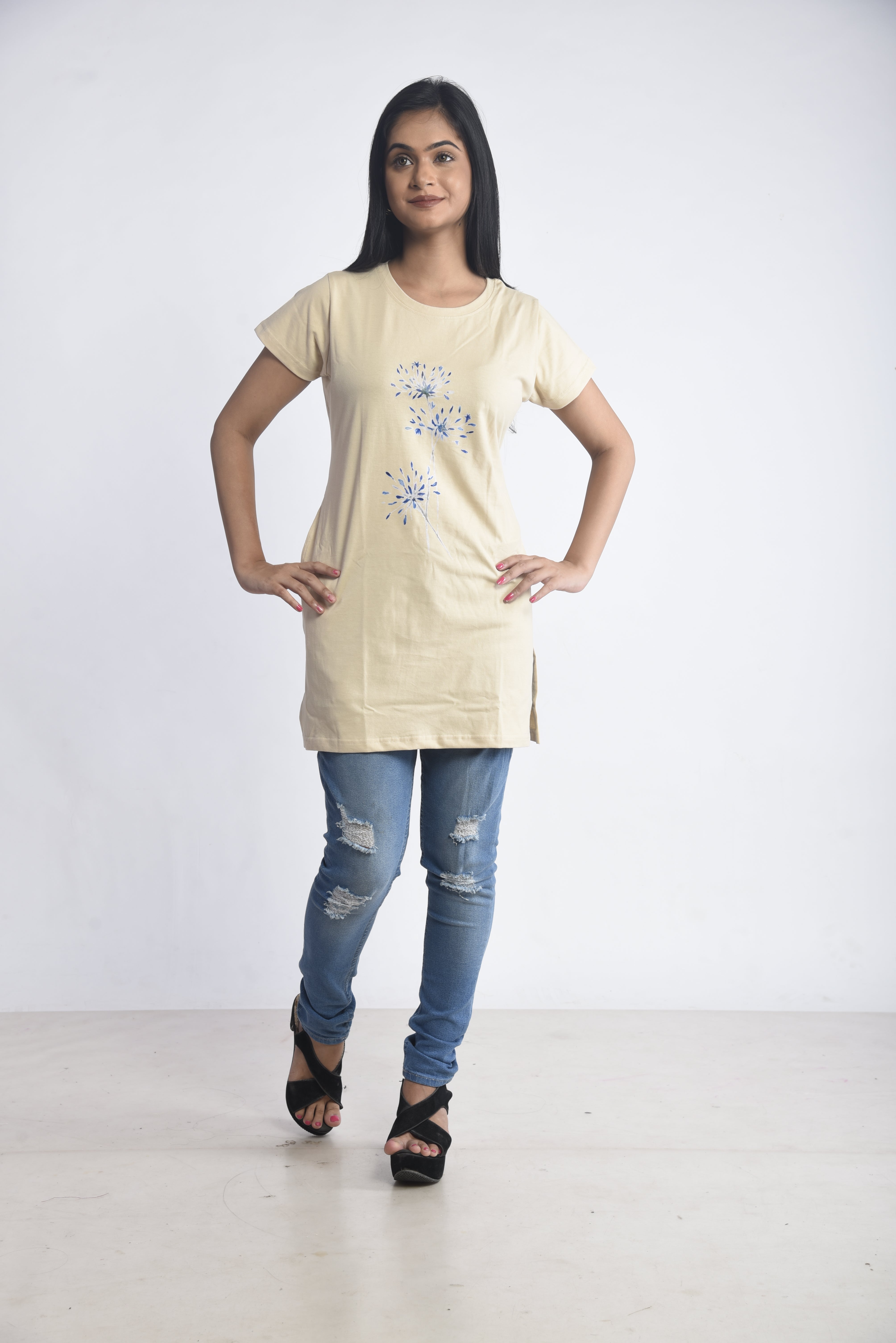 Cream Printed Cotton Long T-Shirt