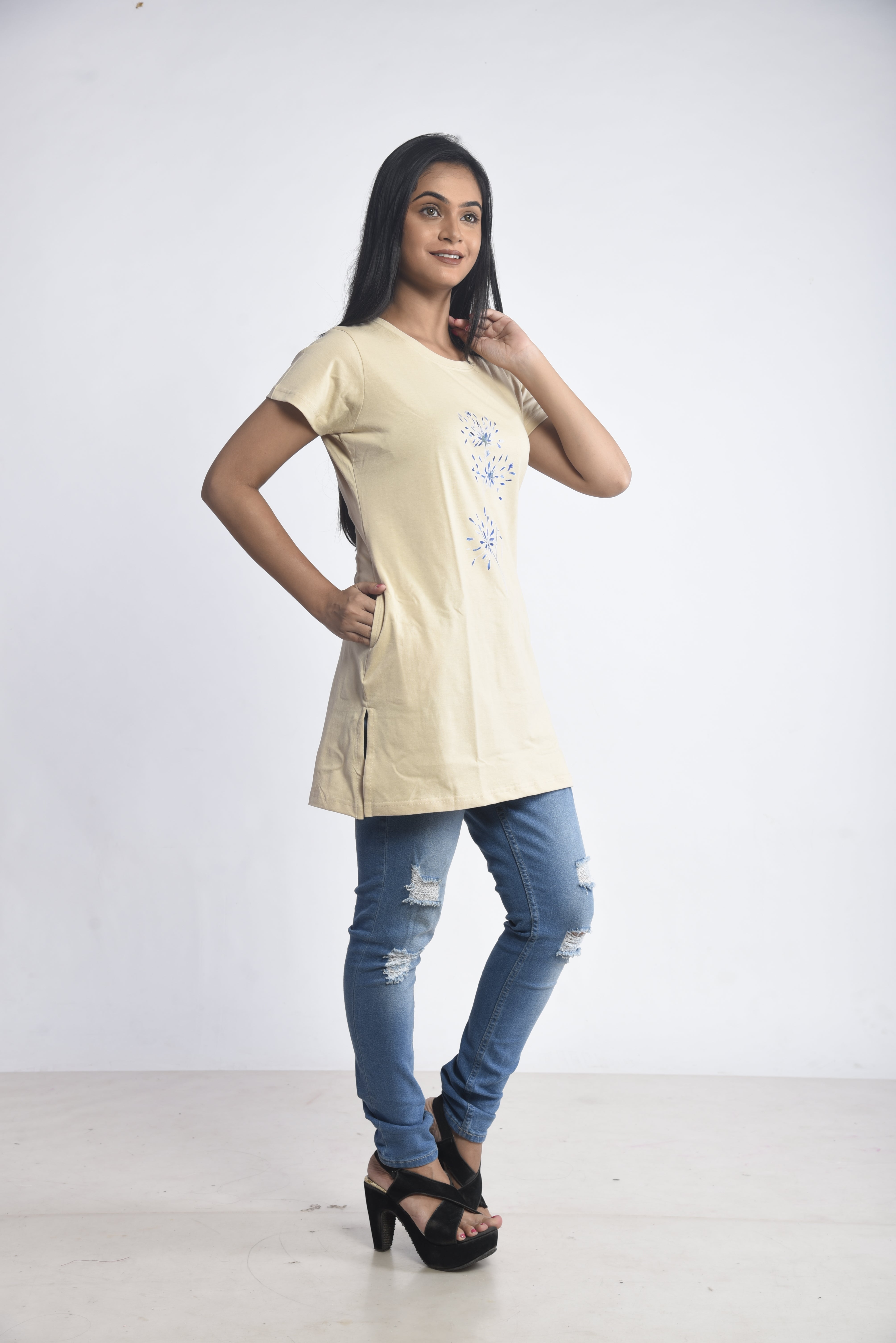 Cream Printed Cotton Long T-Shirt