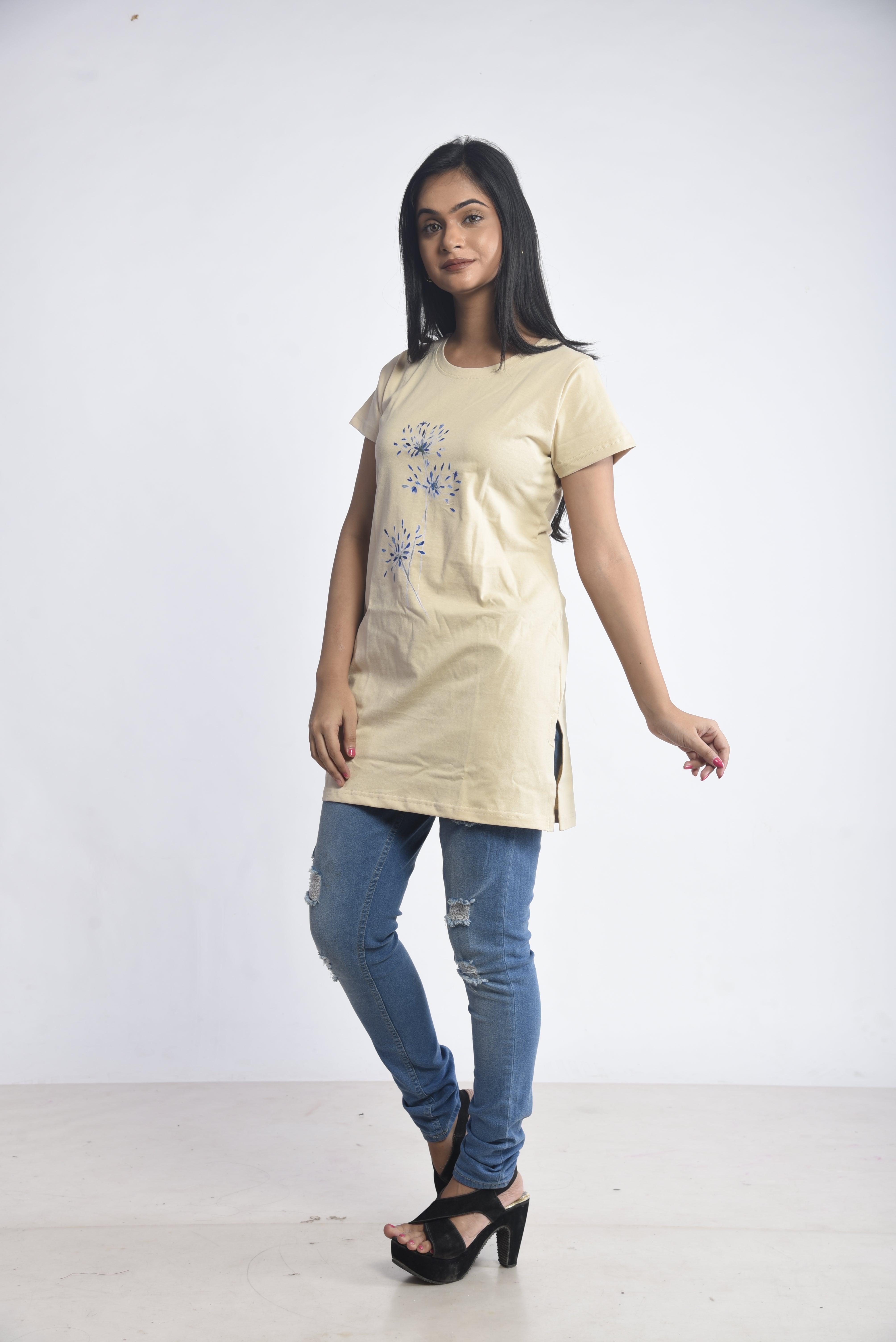 Cream Printed Cotton Long T-Shirt
