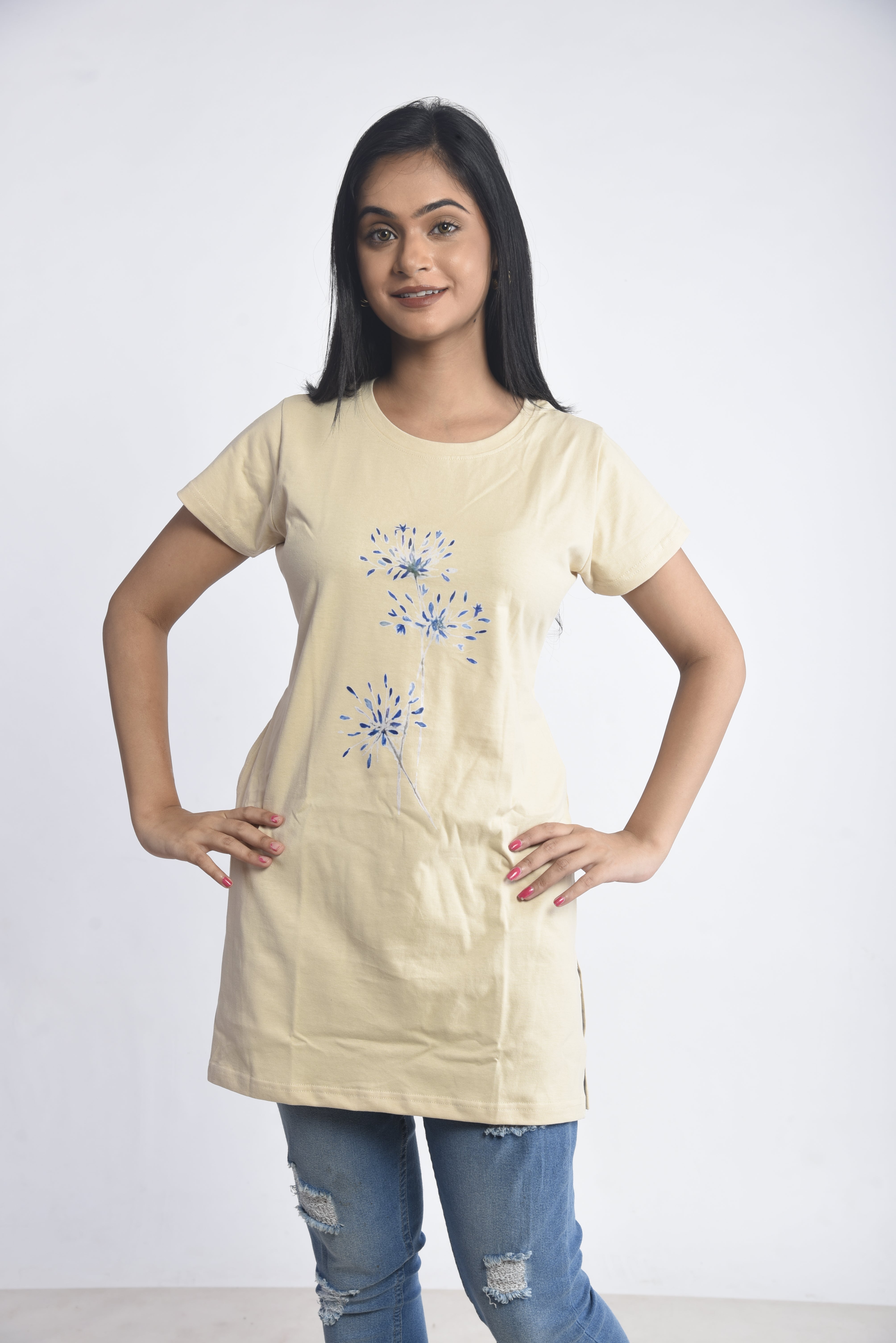 Cream Printed Cotton Long T-Shirt