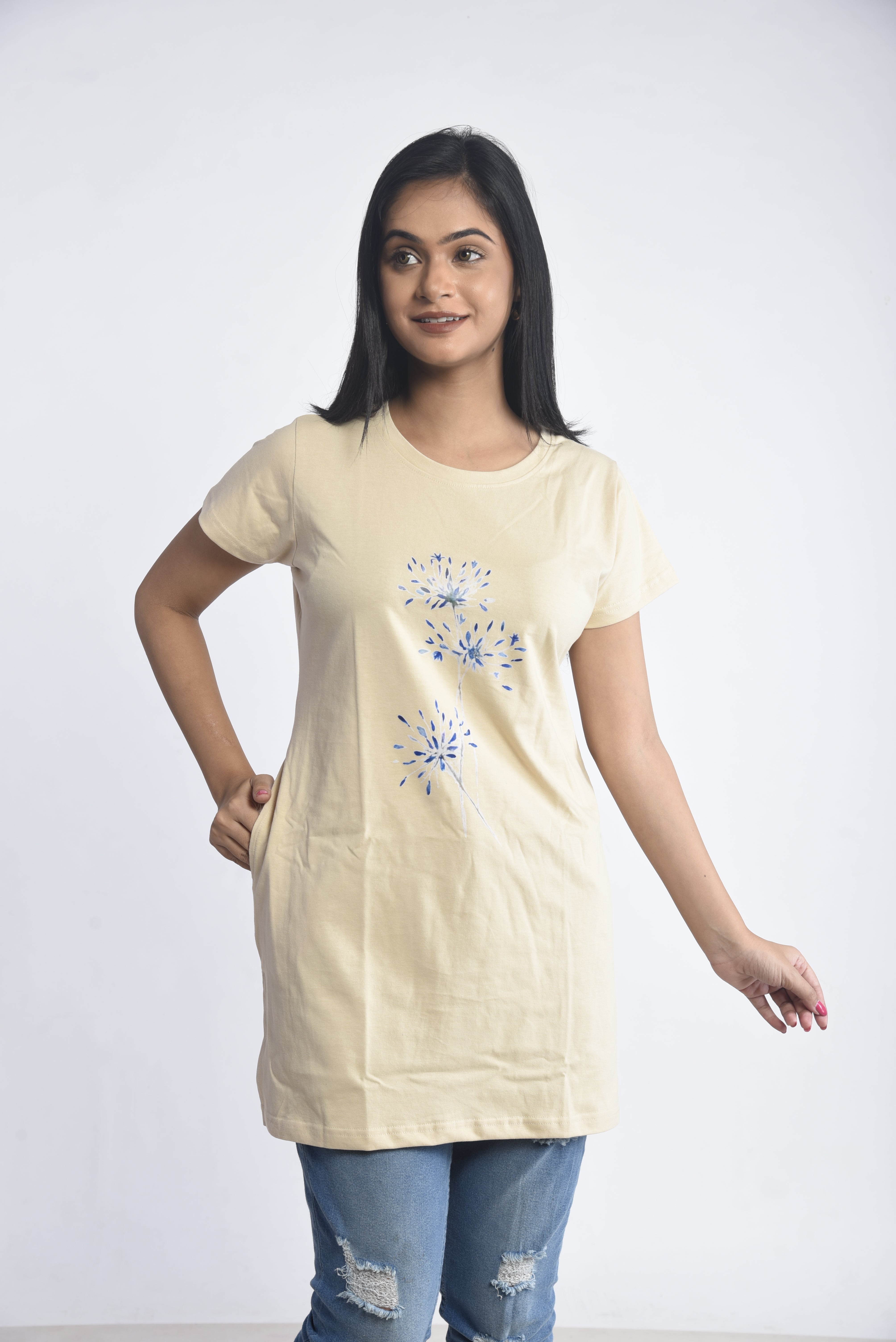 Cream Printed Cotton Long T-Shirt