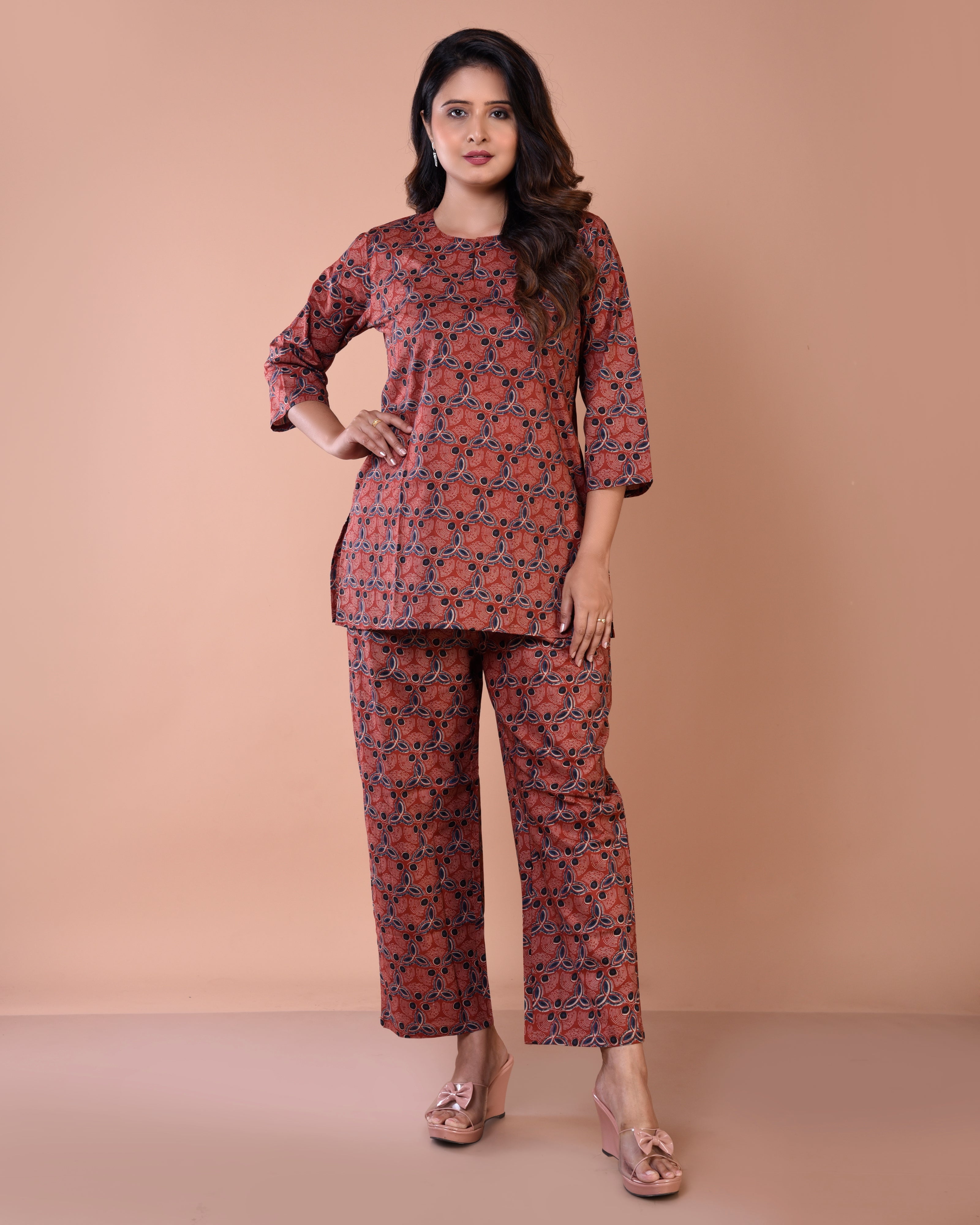 Maroon Floral Premium Print Cambric Cotton Loungewear