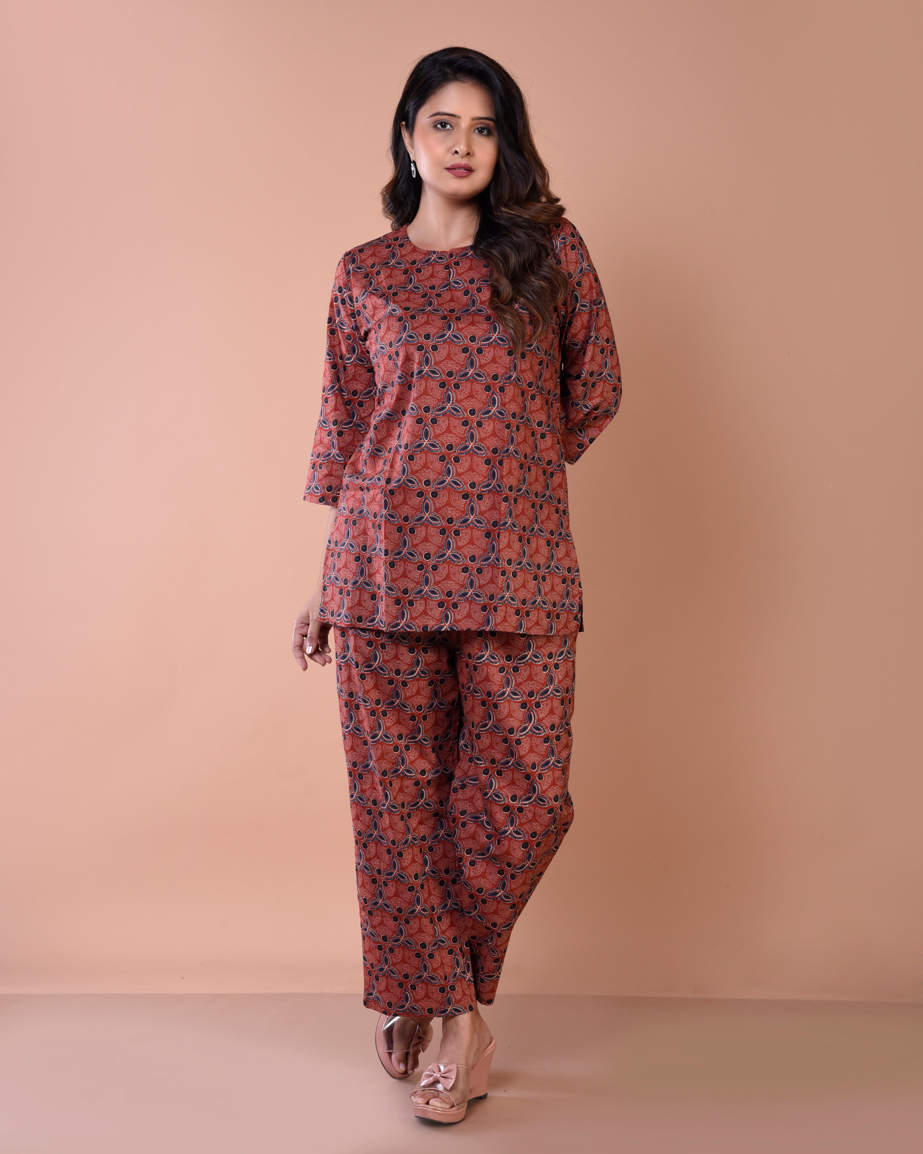 Maroon Floral Premium Print Cambric Cotton Loungewear