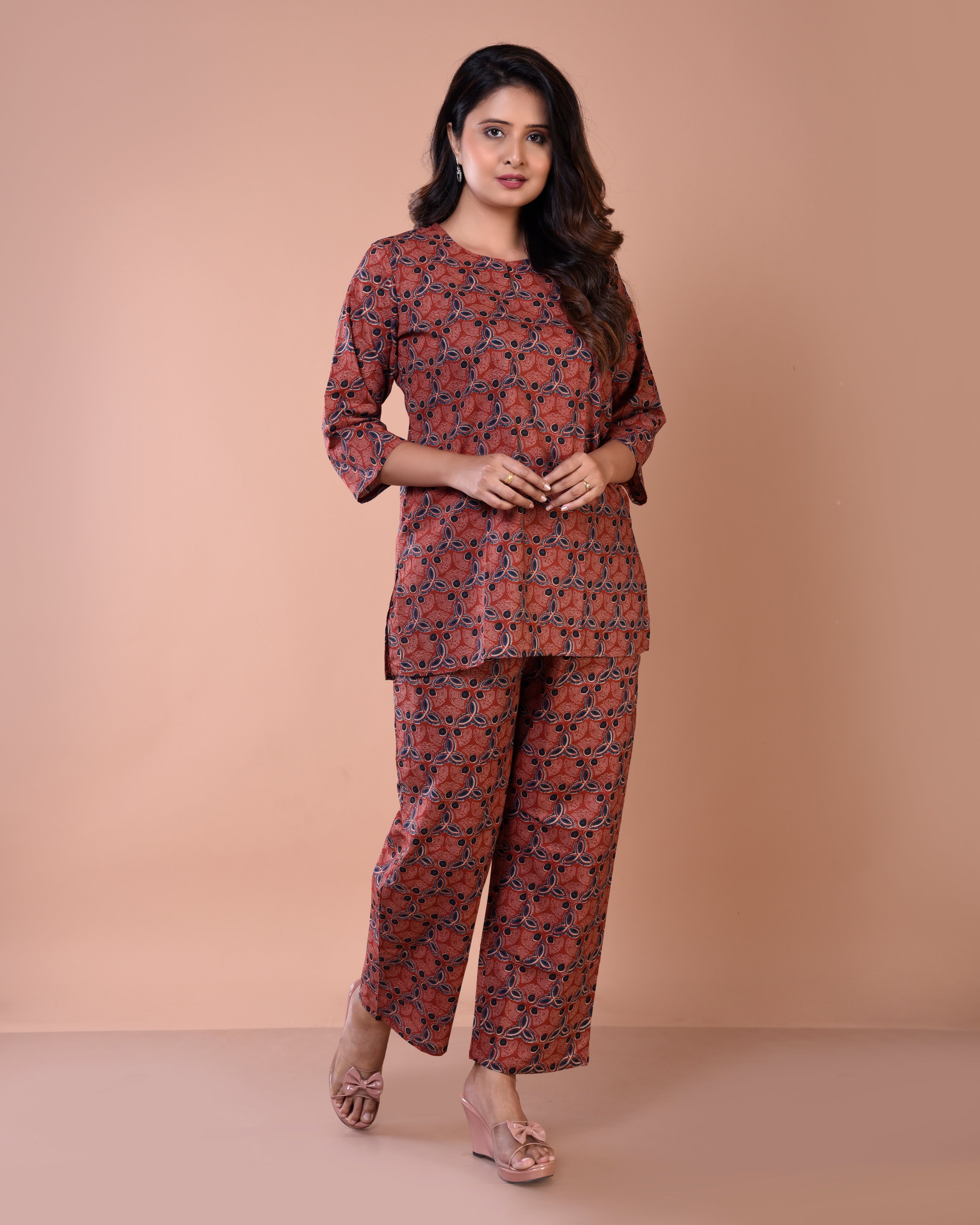 Maroon Floral Premium Print Cambric Cotton Loungewear