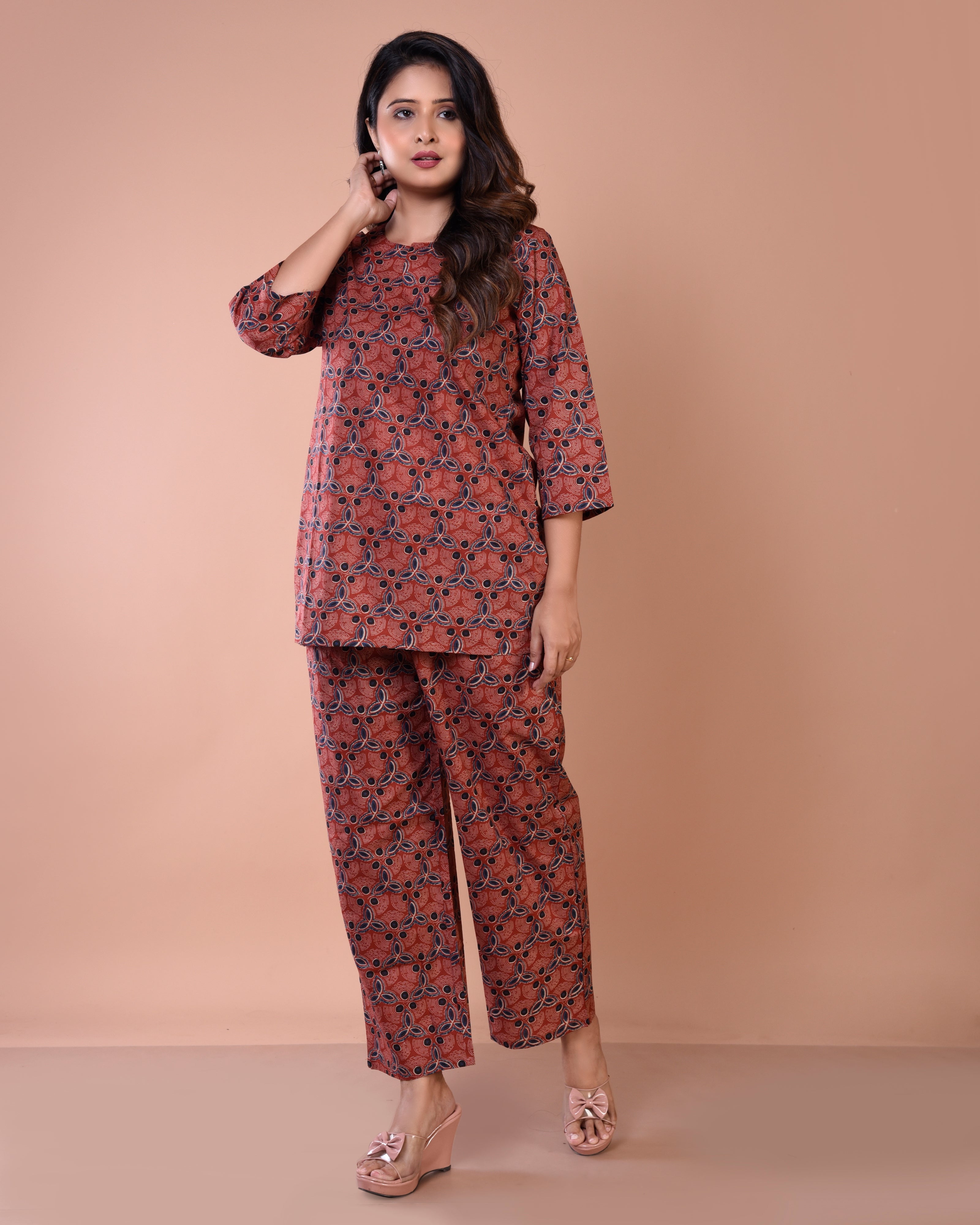 Maroon Floral Premium Print Cambric Cotton Loungewear