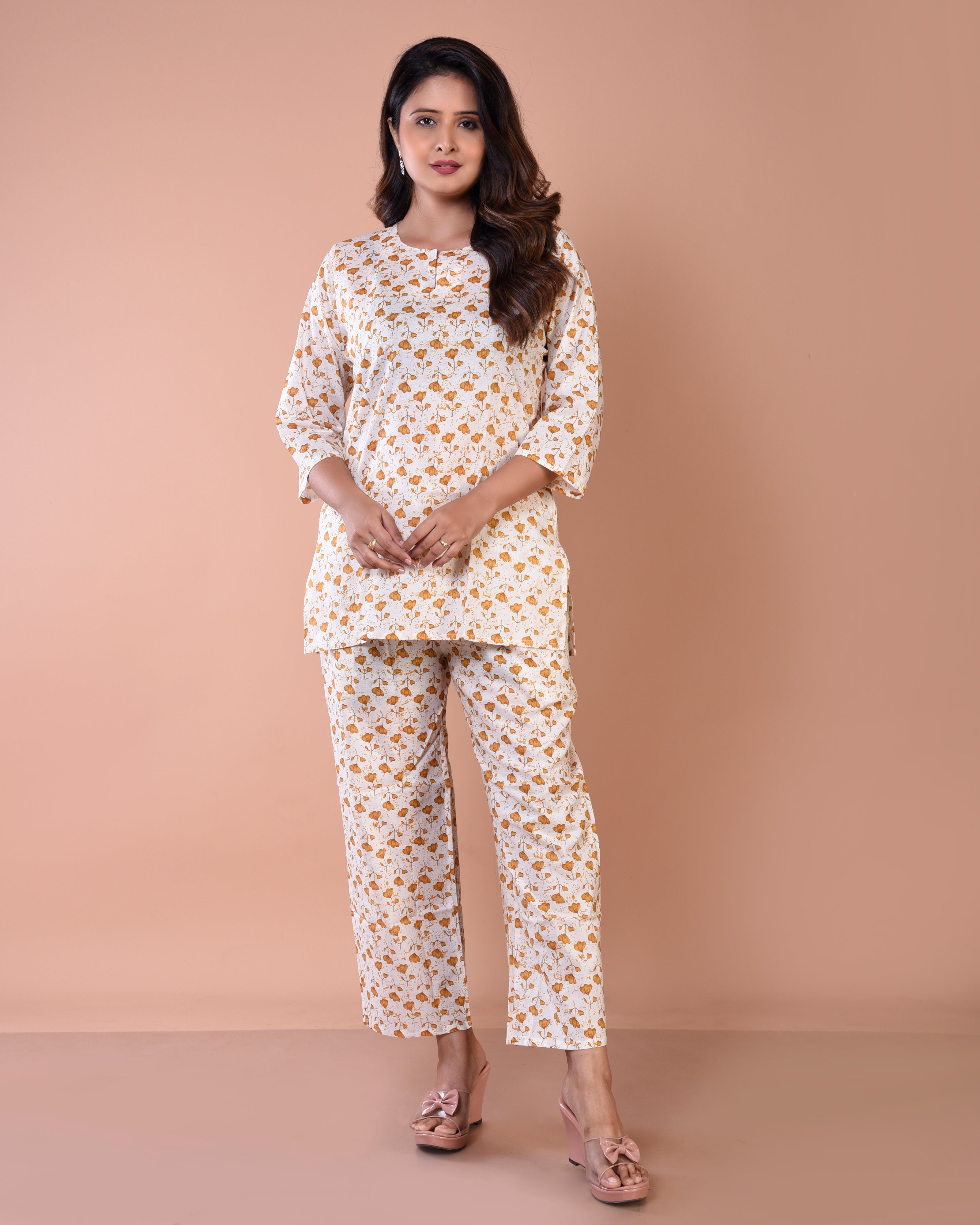 Cream Floral Premium Print Cotton Loungewear
