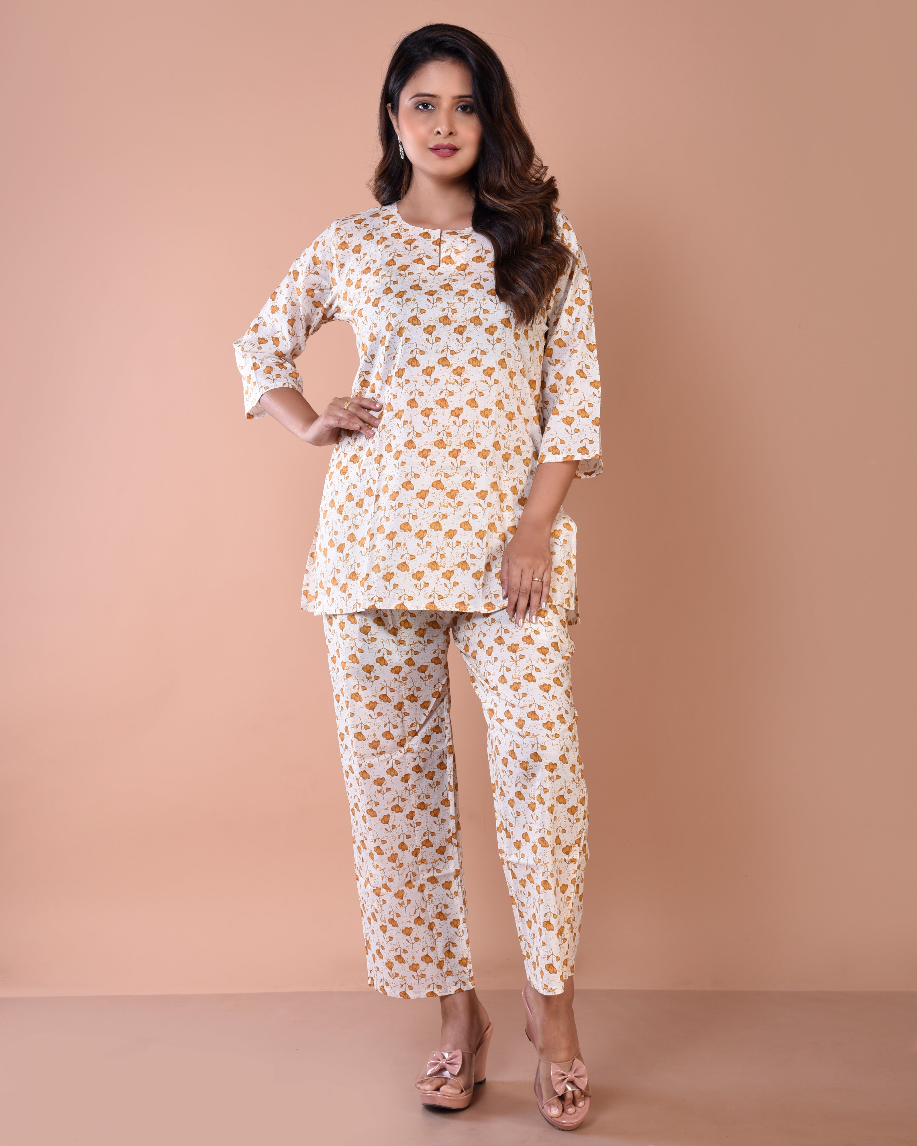 Cream Floral Premium Print Cotton Loungewear