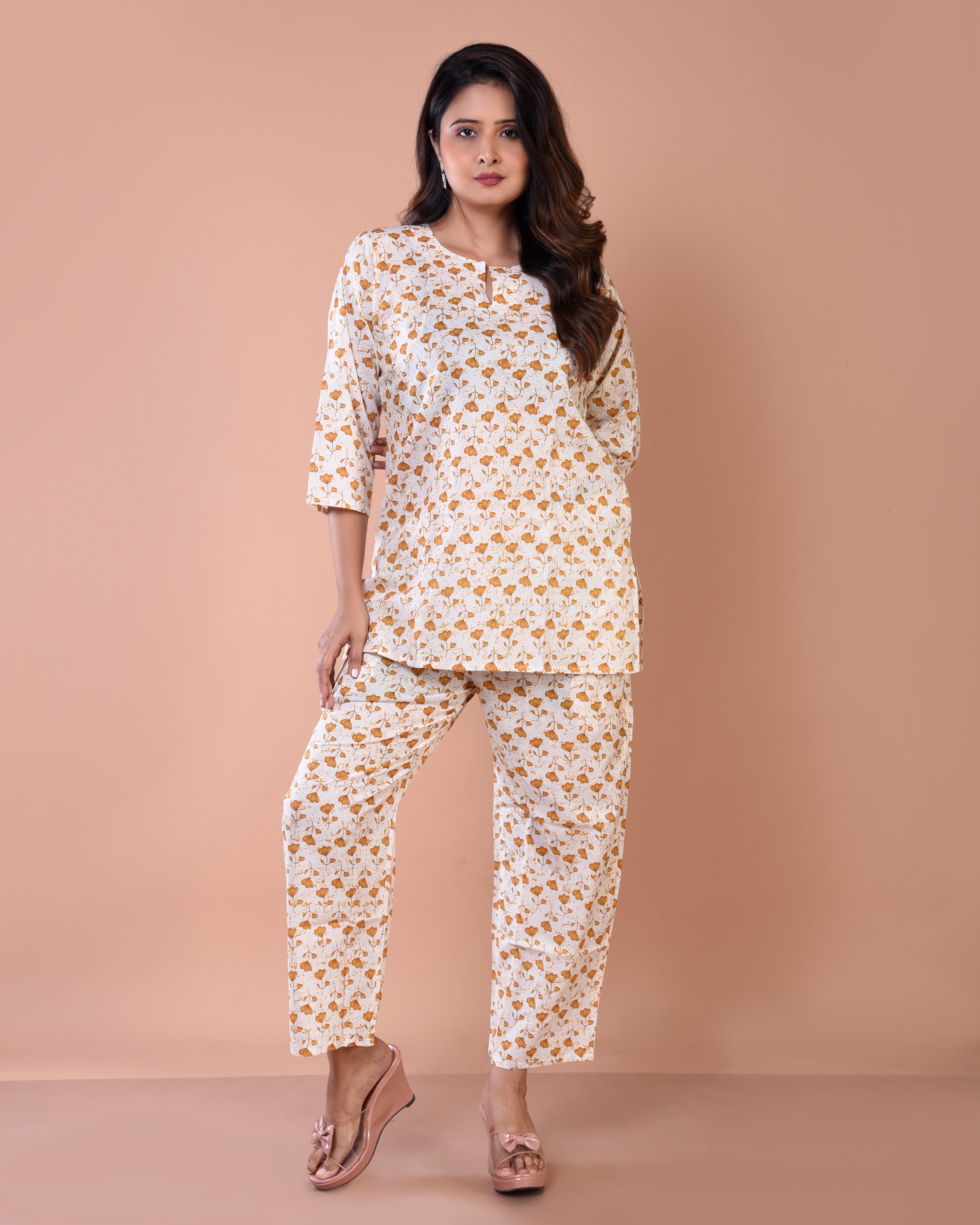 Cream Floral Premium Print Cotton Loungewear