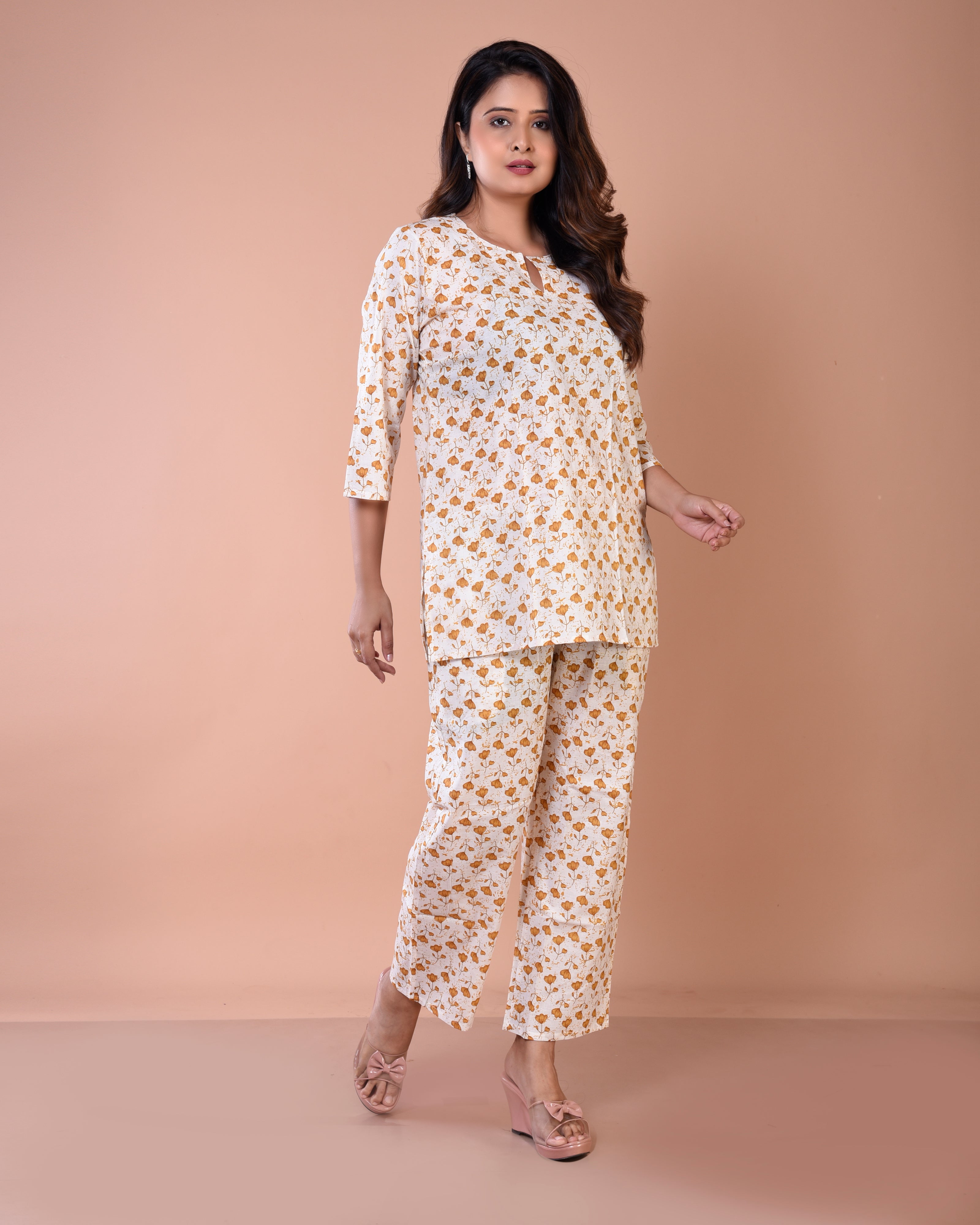 Cream Floral Premium Print Cotton Loungewear