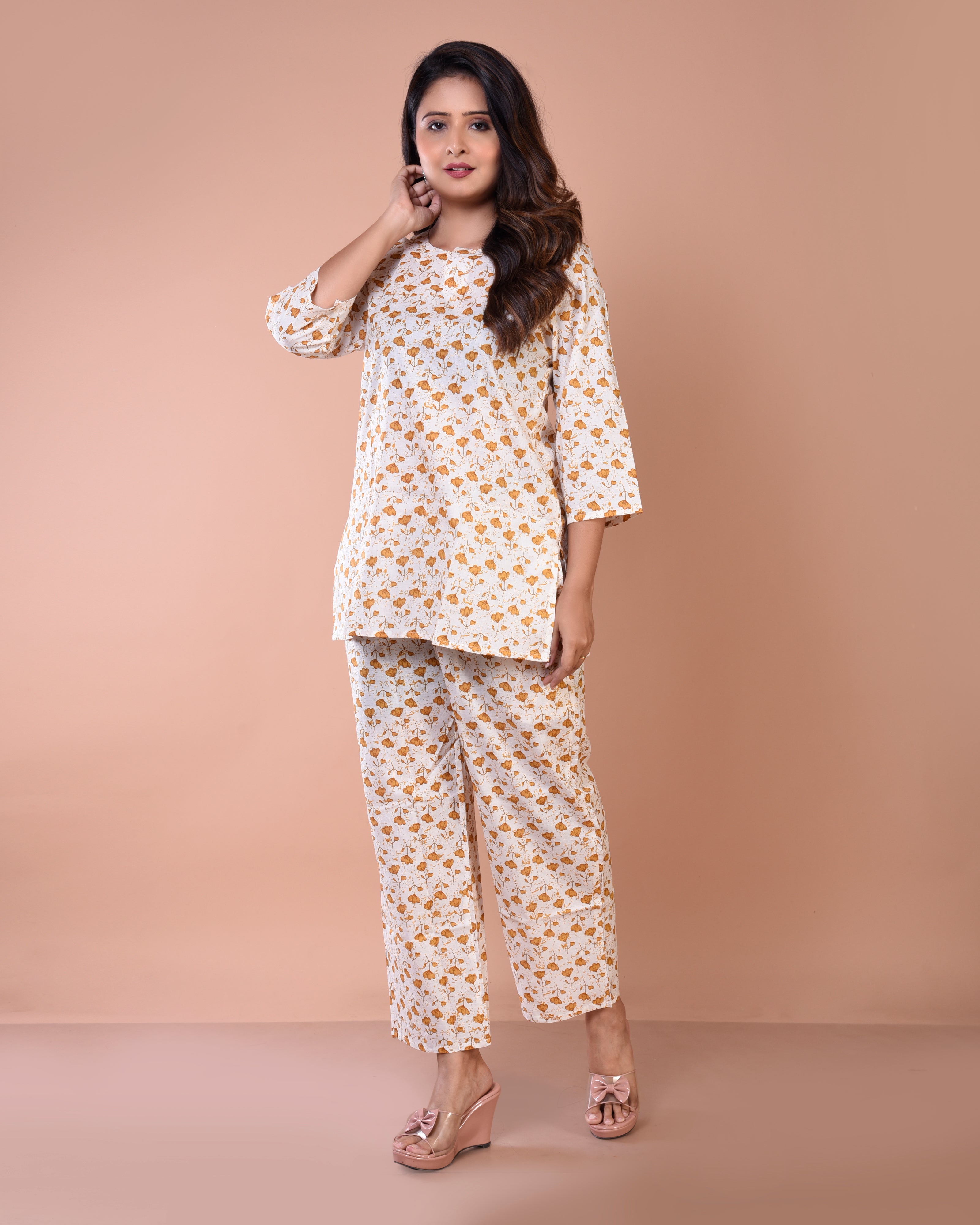 Cream Floral Premium Print Cotton Loungewear
