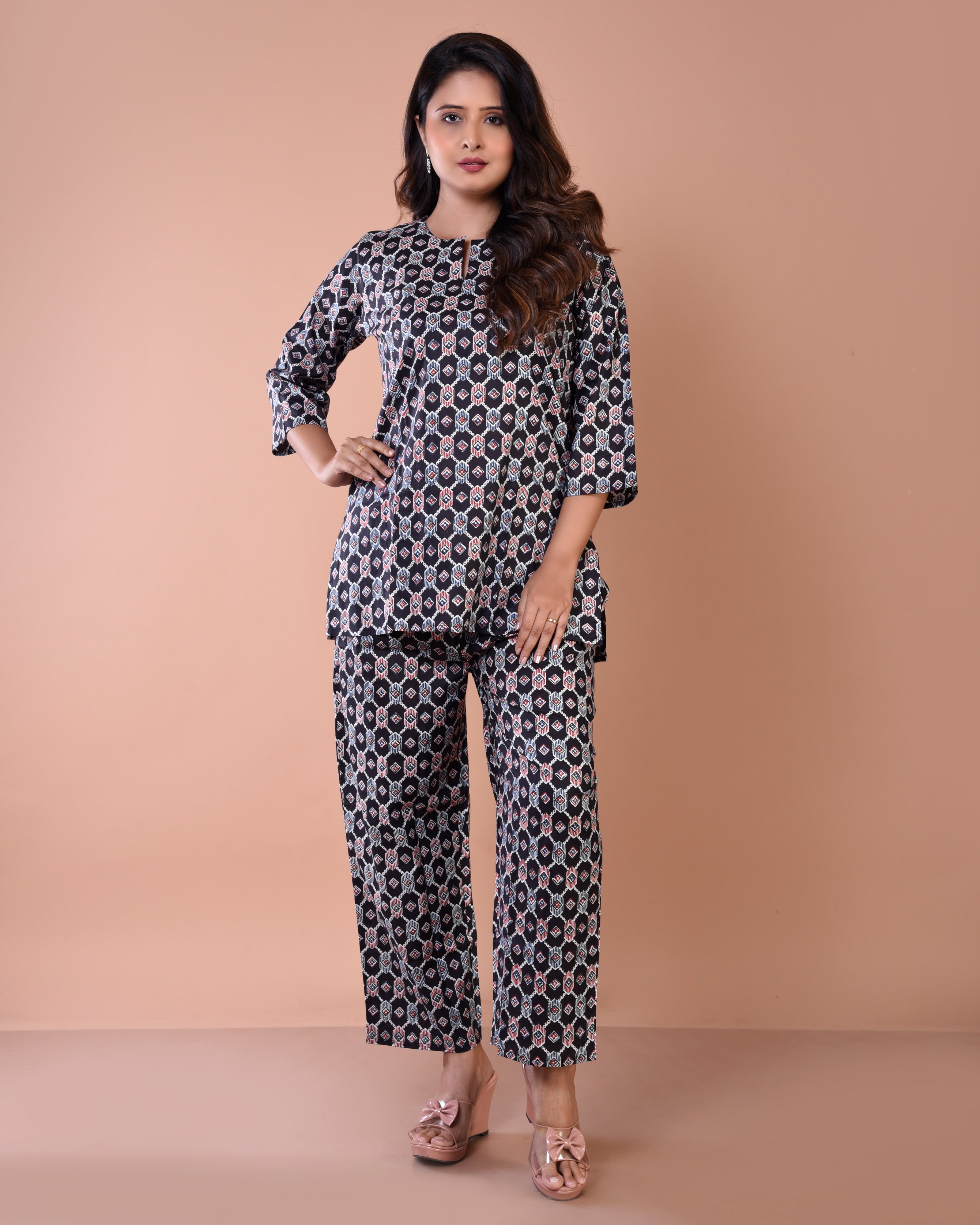 Black Geometrical Premium Print Cotton Loungewear