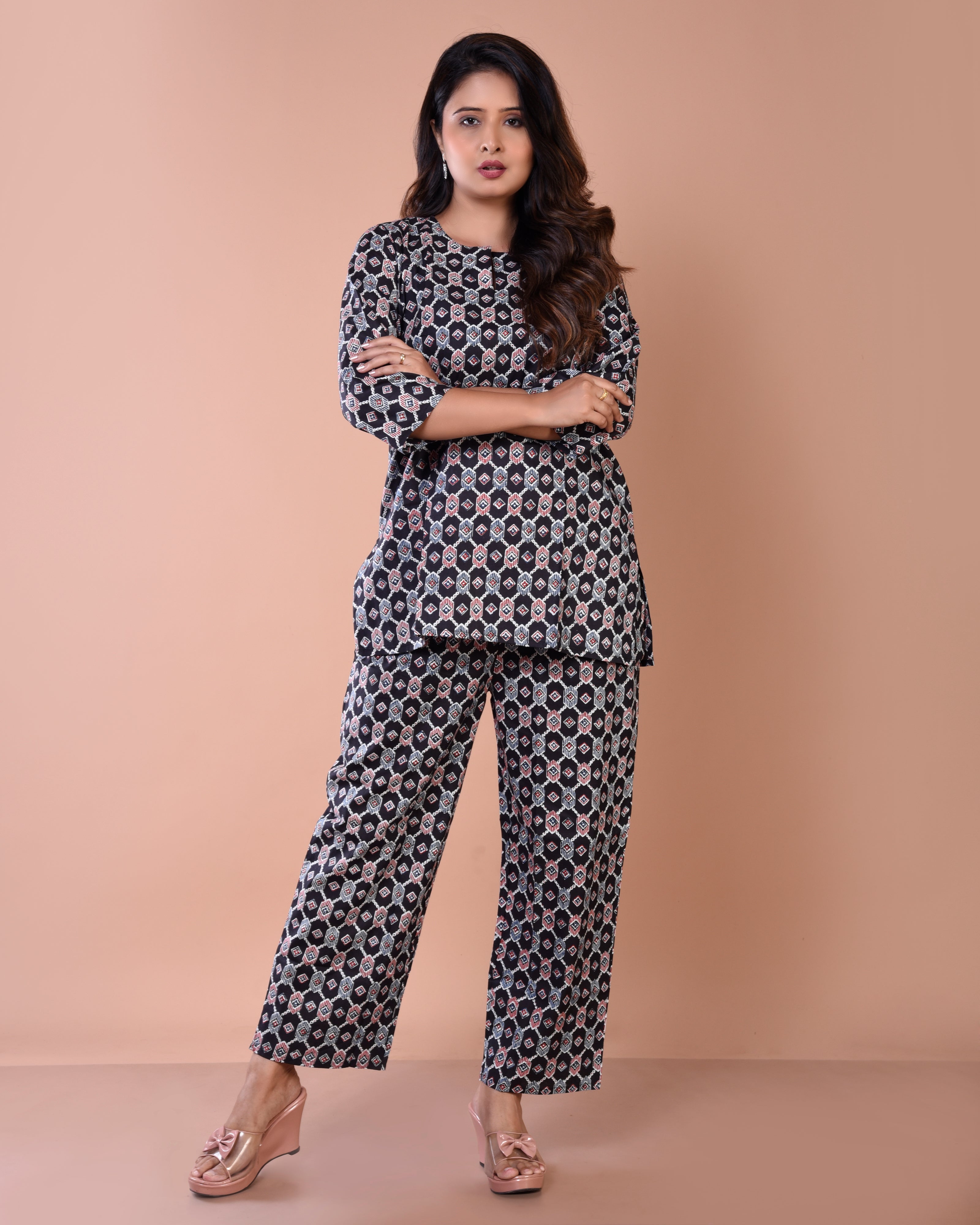 Black Geometrical Premium Print Cotton Loungewear