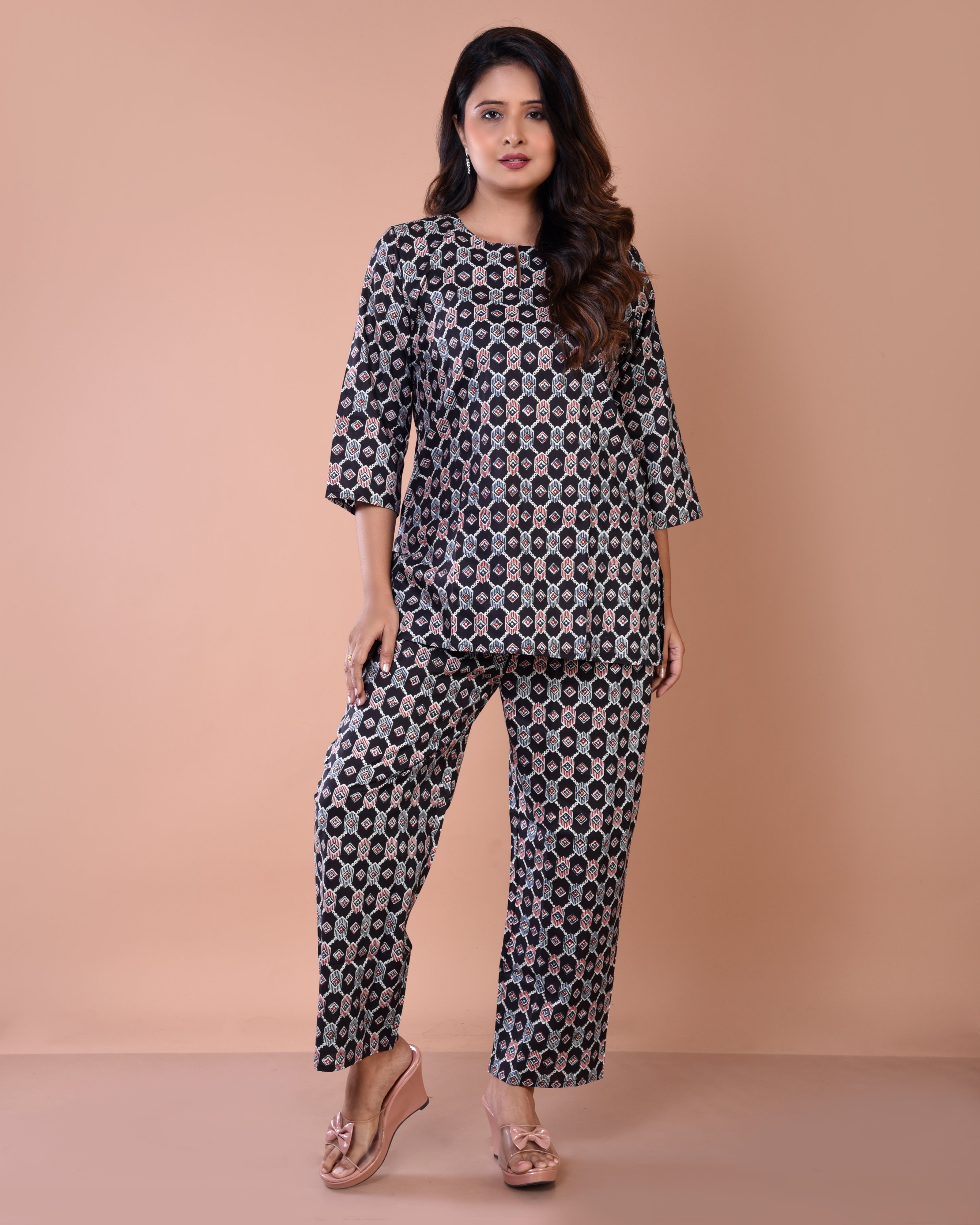 Black Geometrical Premium Print Cotton Loungewear
