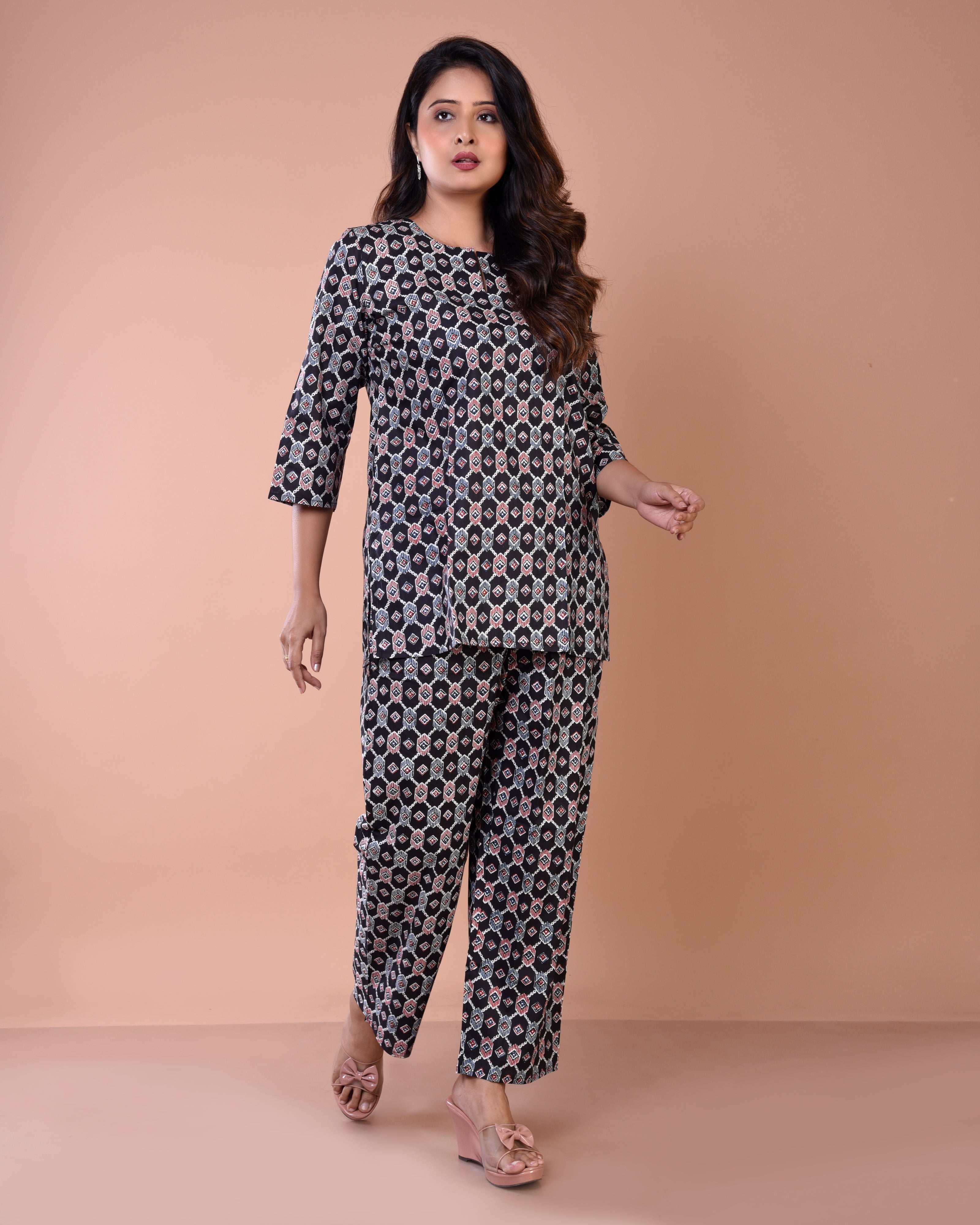 Black Geometrical Premium Print Cotton Loungewear