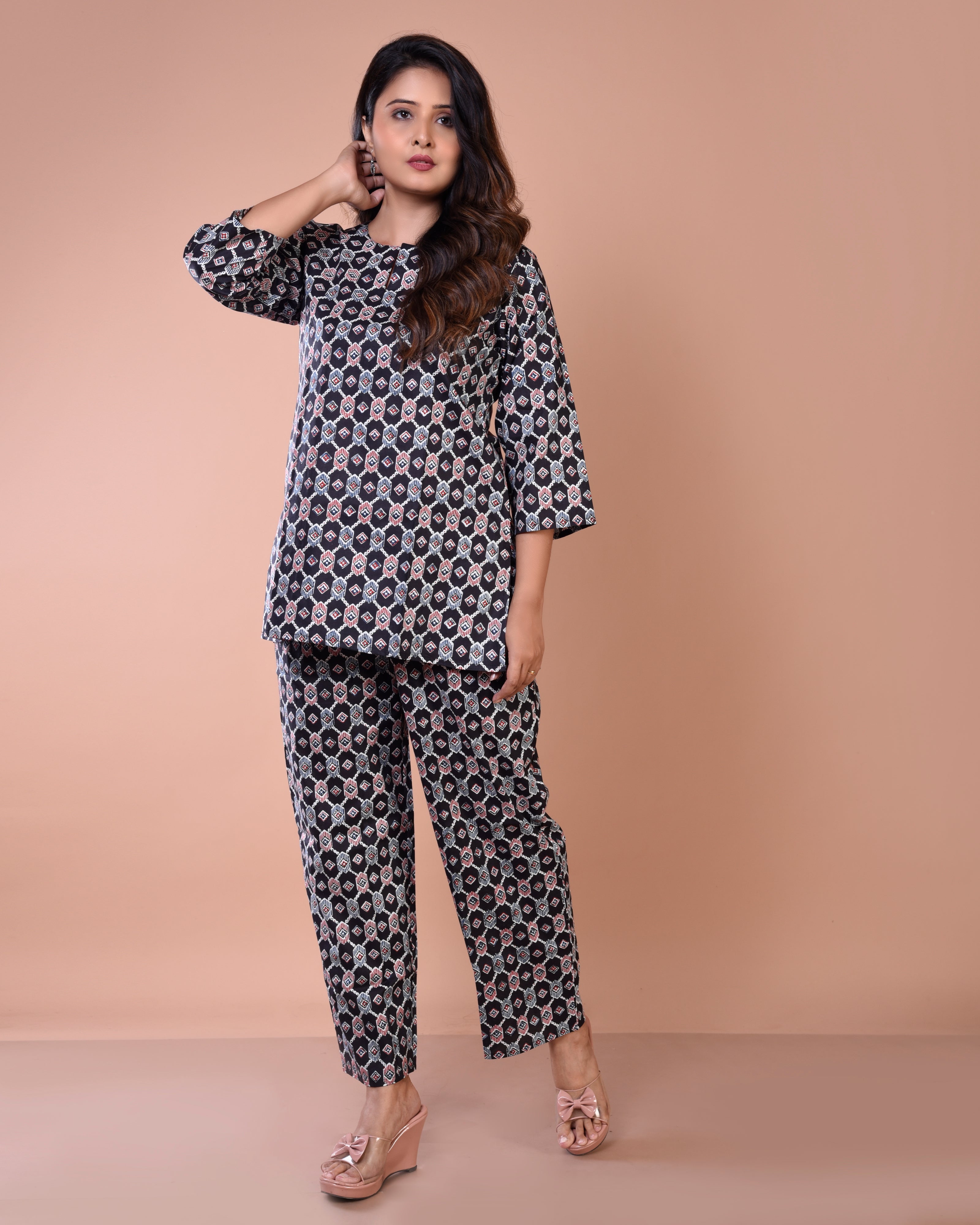 Black Geometrical Premium Print Cotton Loungewear