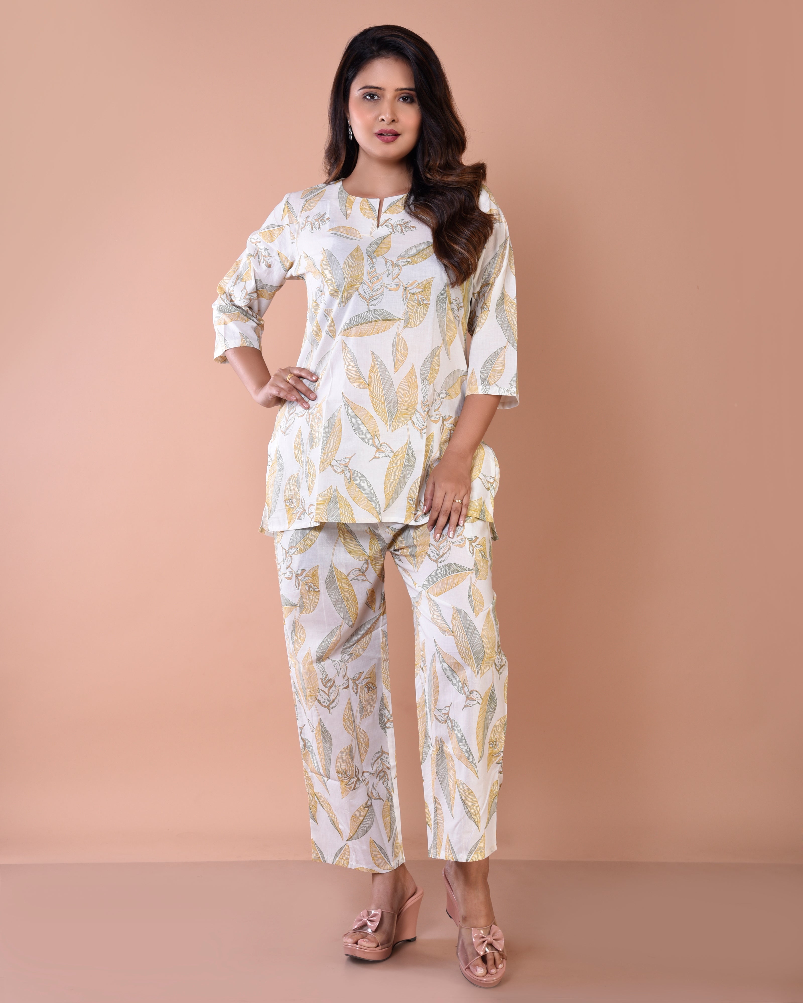 Big Leaf Premium Print Cream Cotton Loungewear