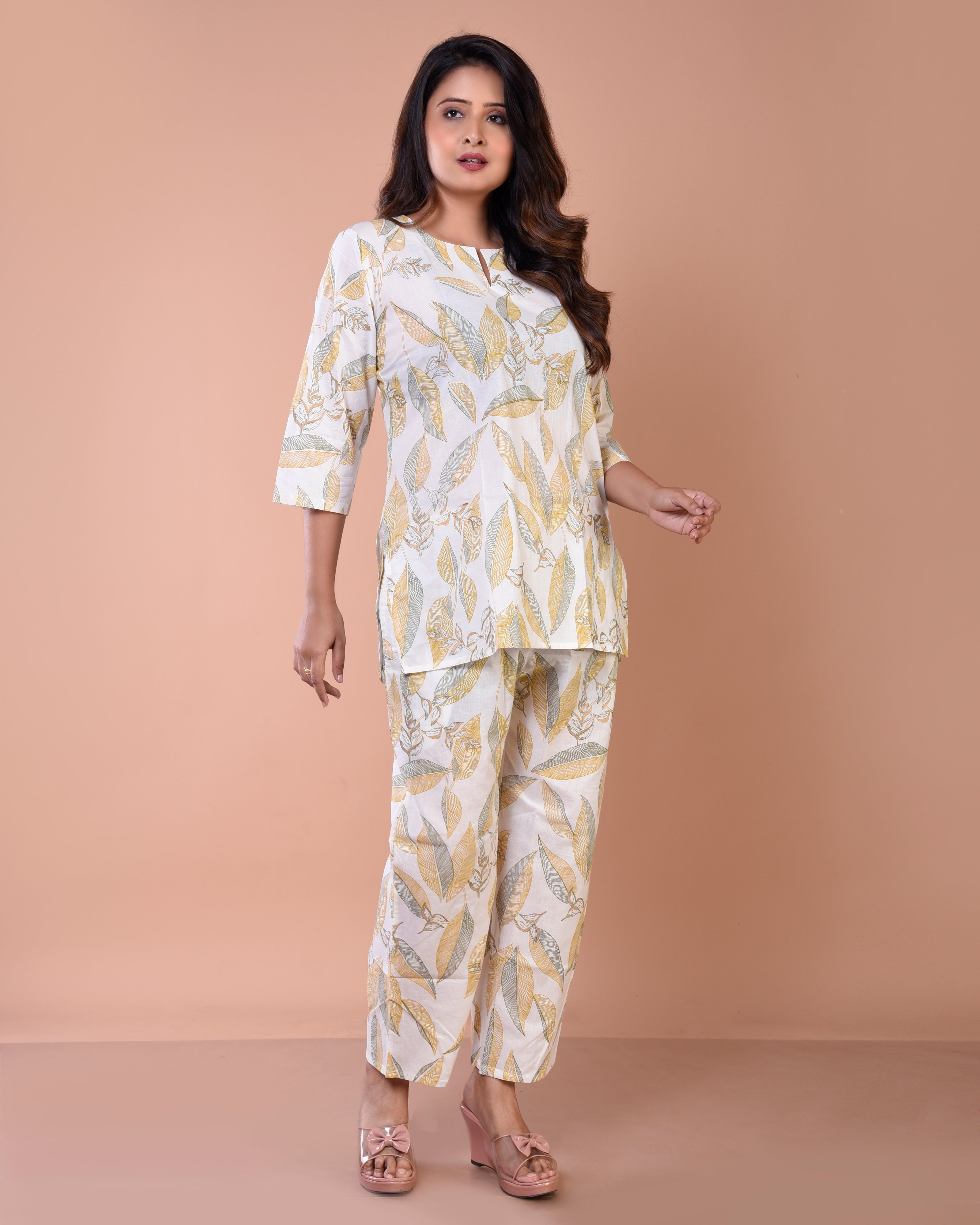 Big Leaf Premium Print Cream Cotton Loungewear
