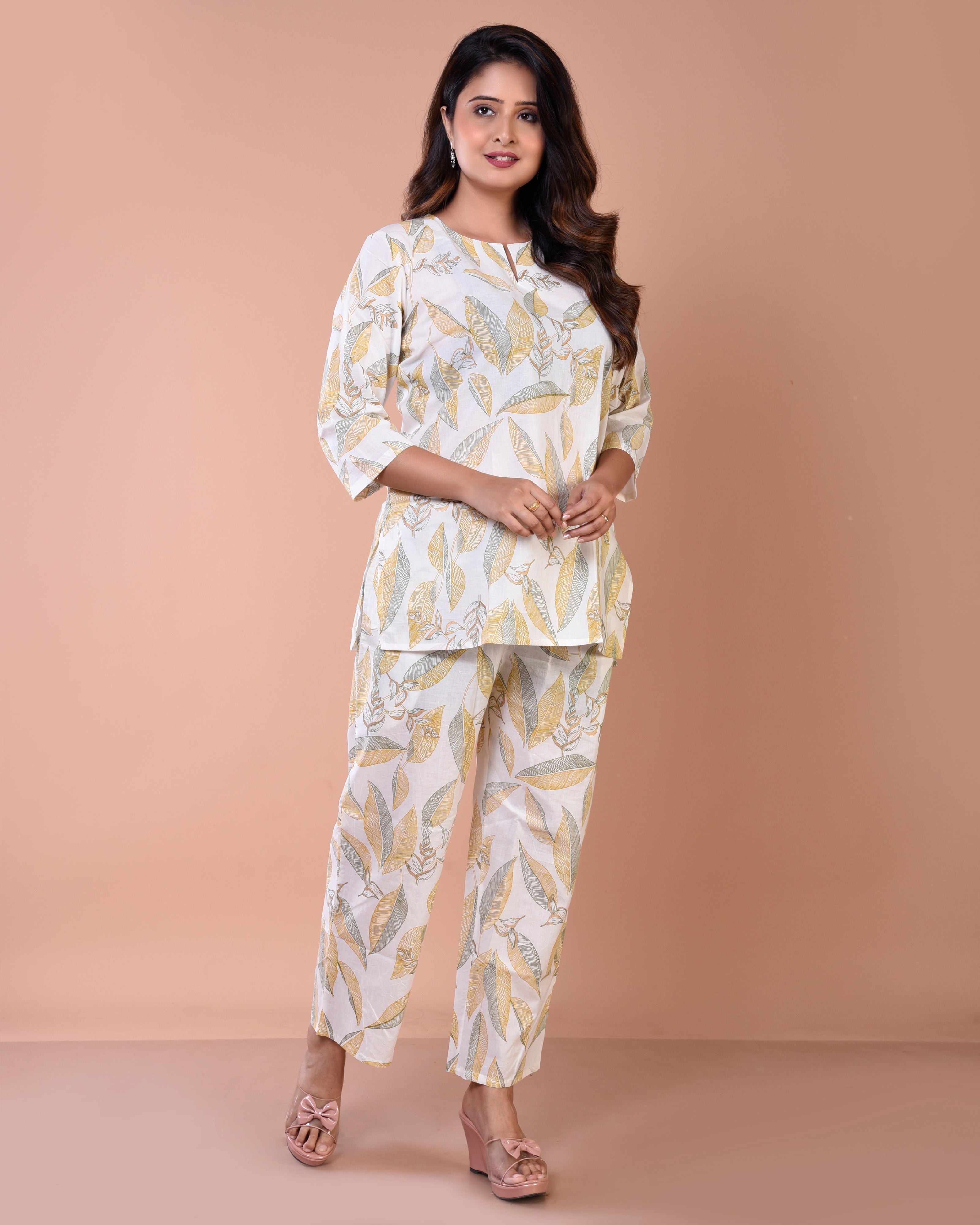 Big Leaf Premium Print Cream Cotton Loungewear