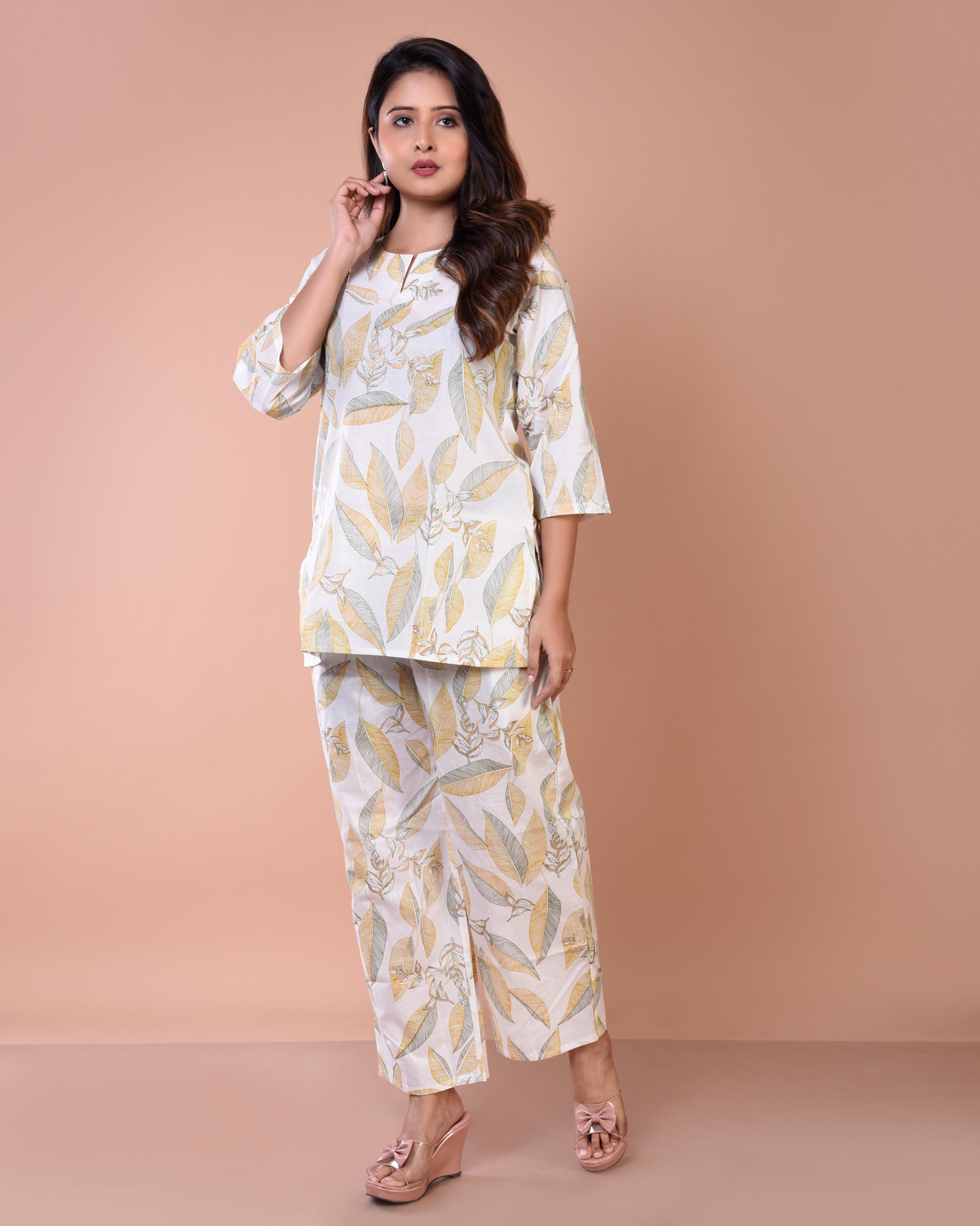 Big Leaf Premium Print Cream Cotton Loungewear