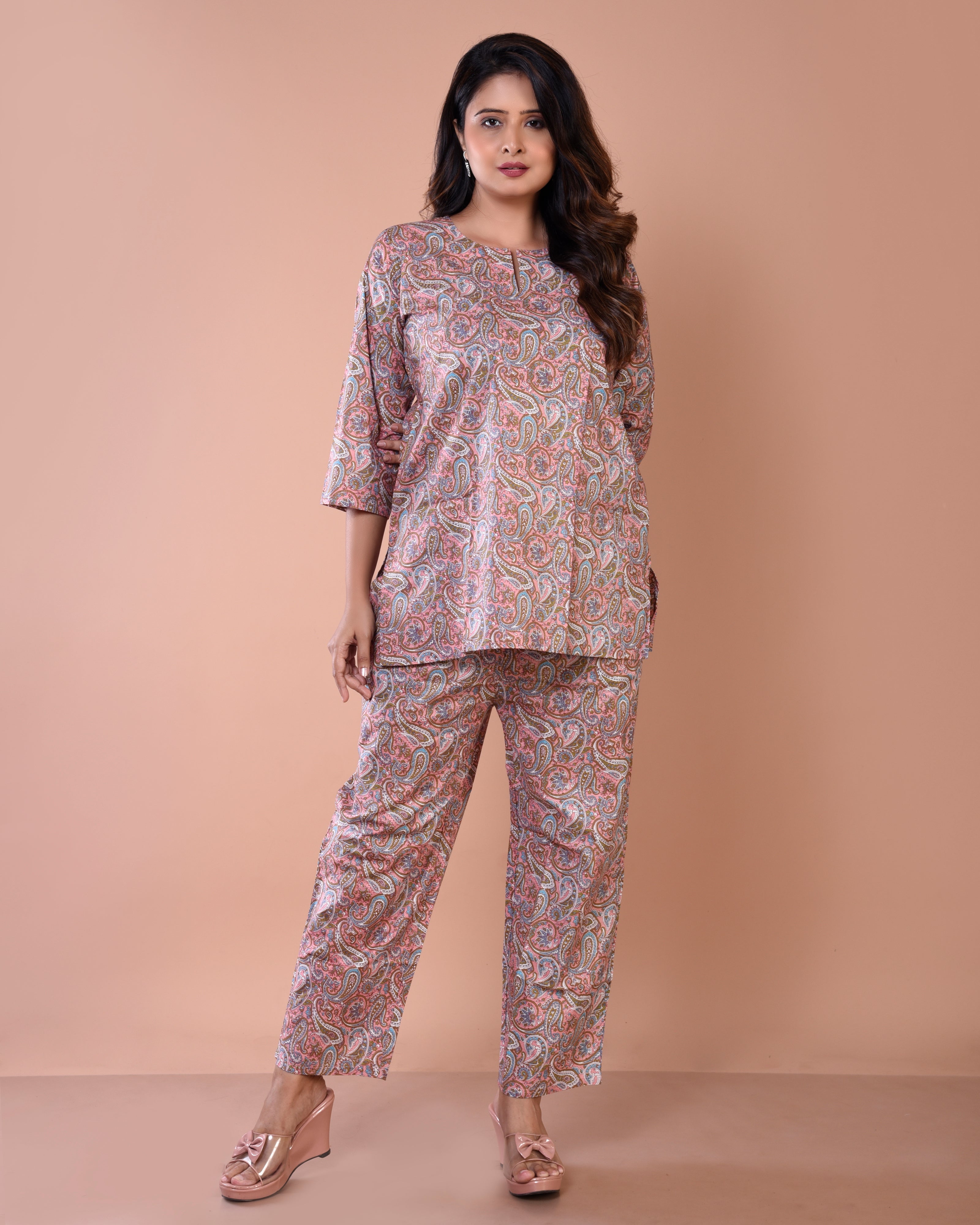 Peach Sanganeri Premium Print Cotton Loungewear