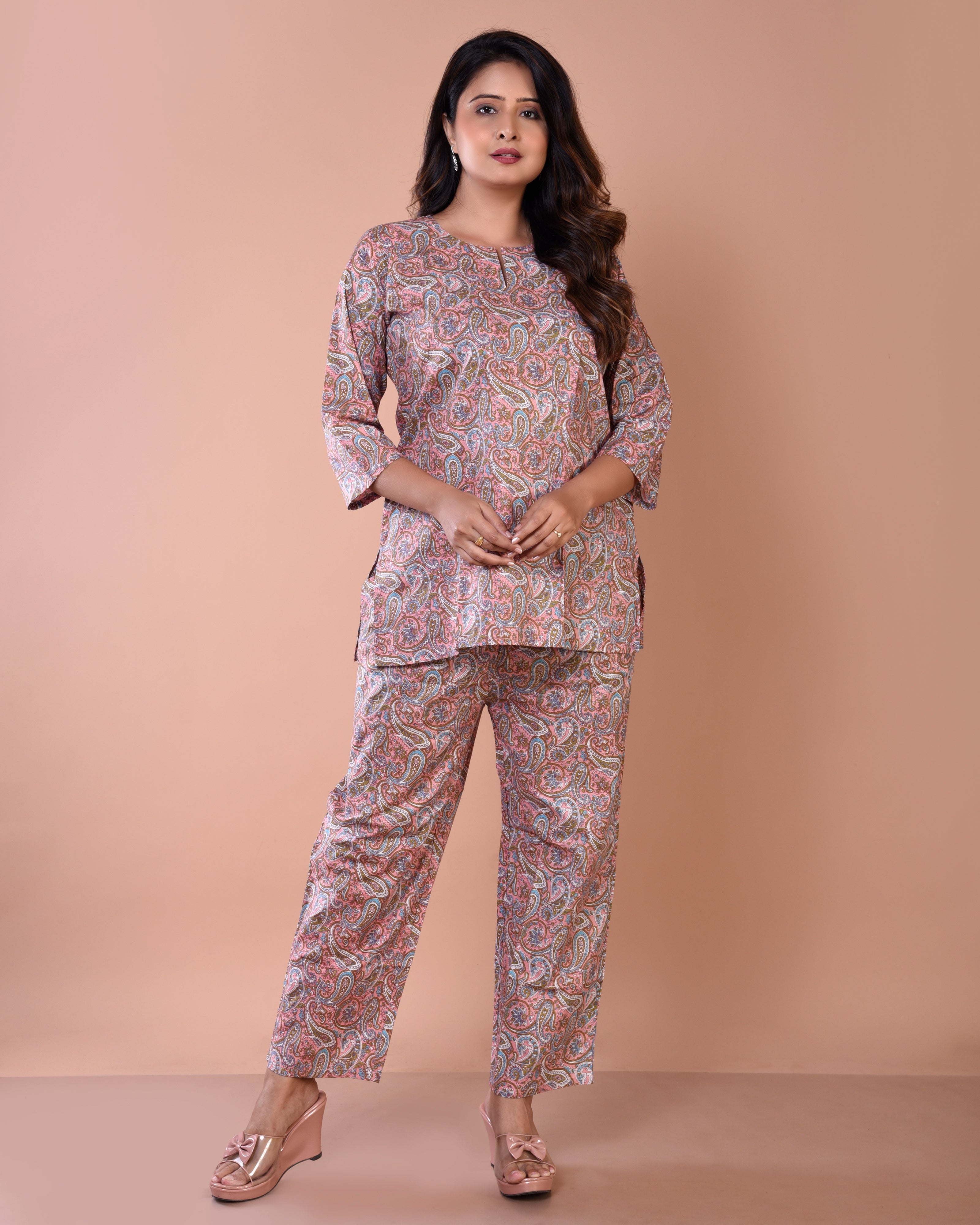 Peach Sanganeri Premium Print Cotton Loungewear