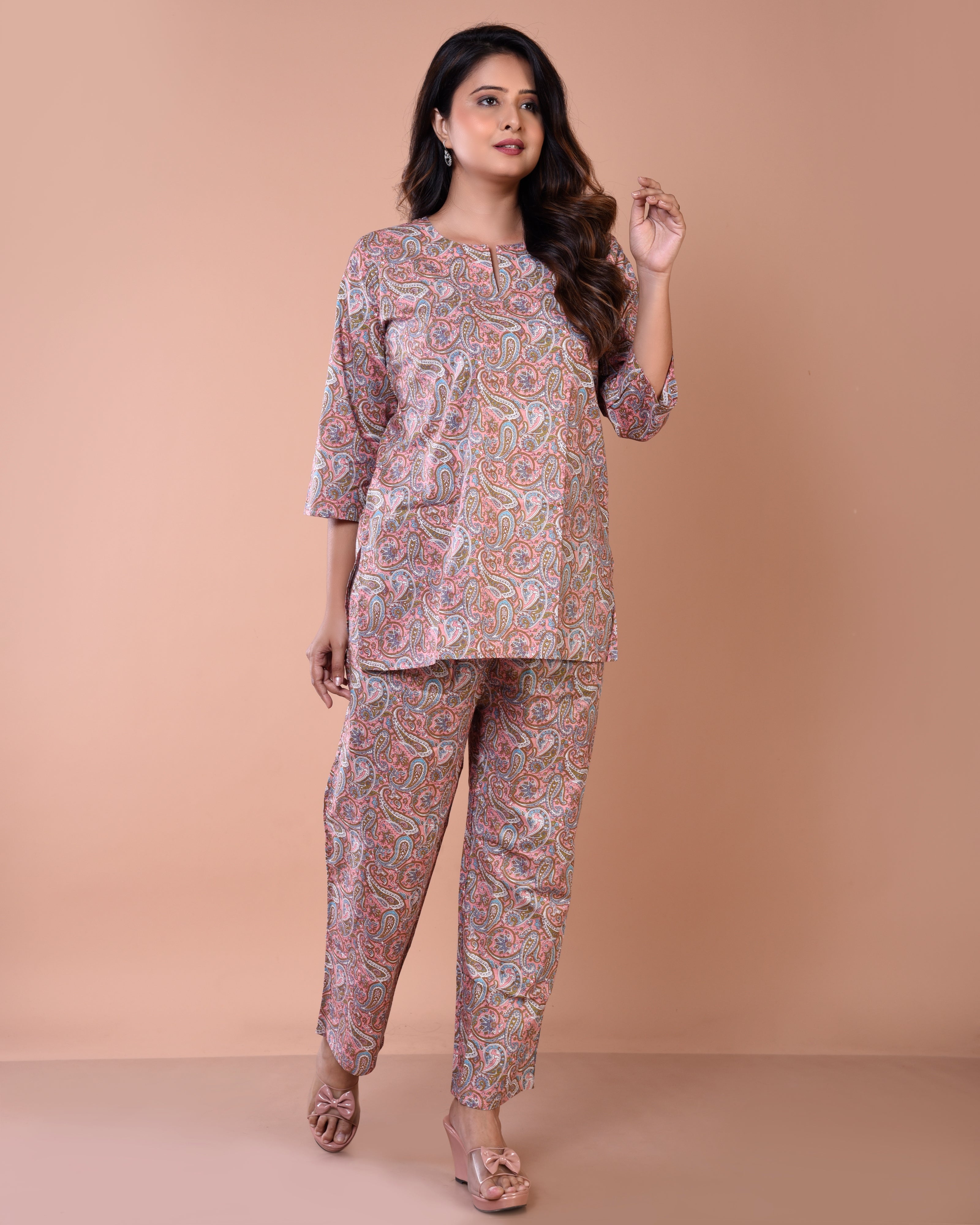 Peach Sanganeri Premium Print Cotton Loungewear